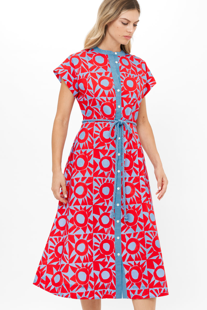 Cap Sleeve Shirt Dress Midi- Eclipse Red