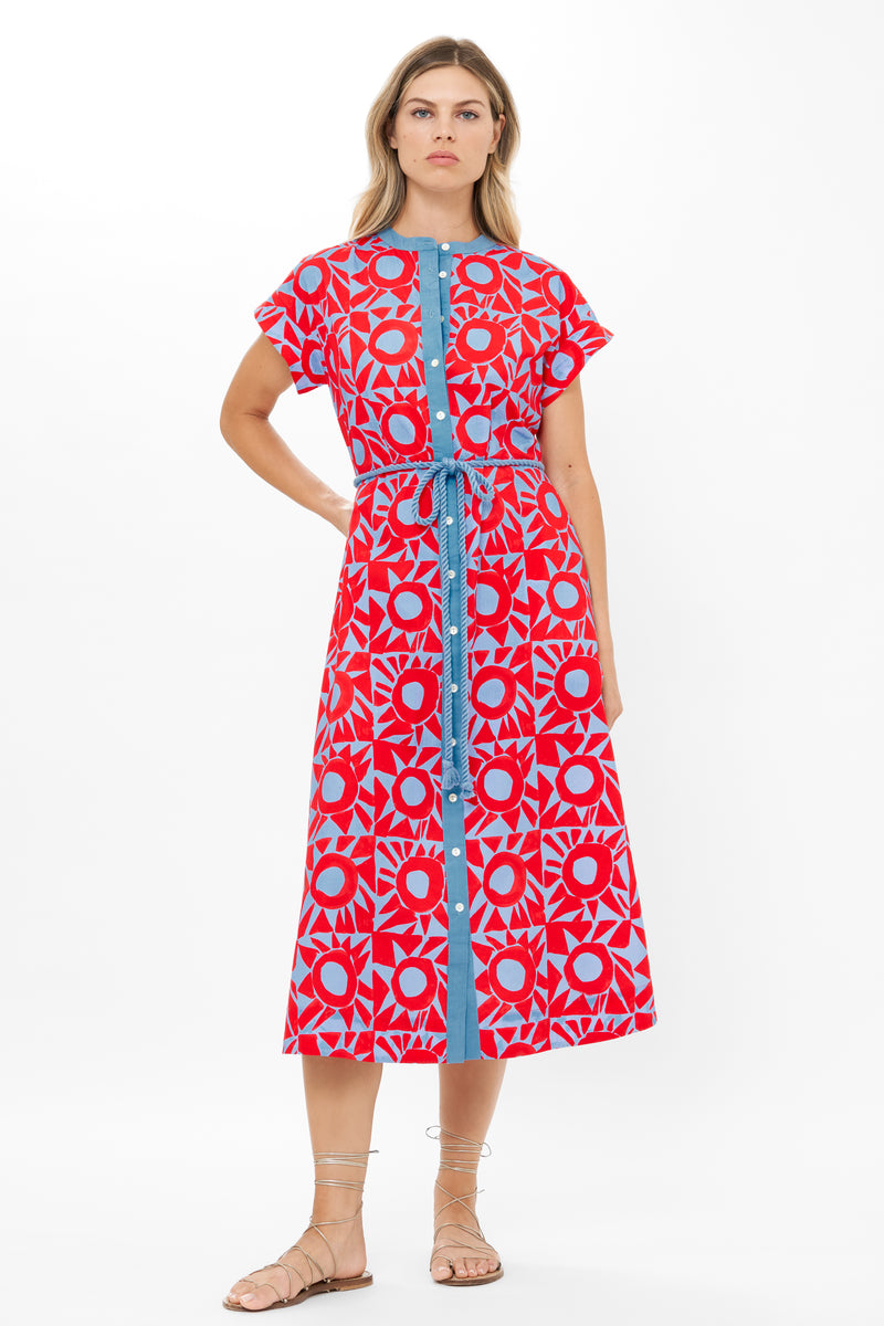 Cap Sleeve Shirt Dress Midi- Eclipse Red