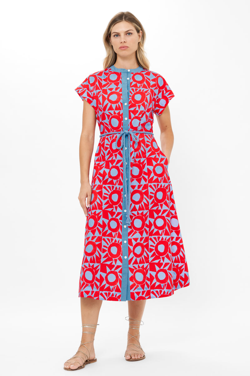 Cap Sleeve Shirt Dress Midi- Eclipse Red