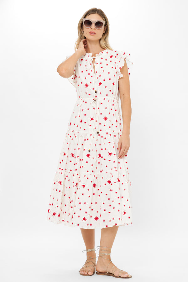Cinched Flirty Midi- Ellsworth Red