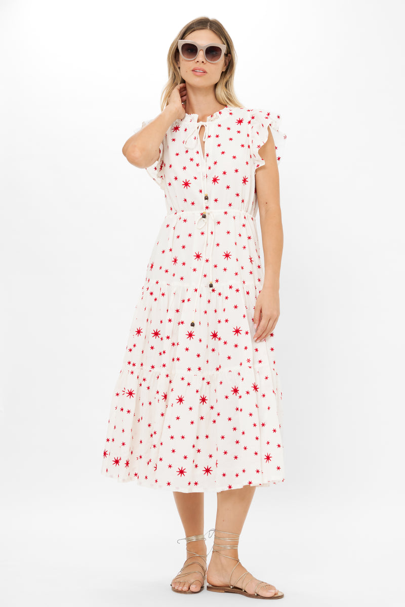 Cinched Flirty Midi- Ellsworth Red
