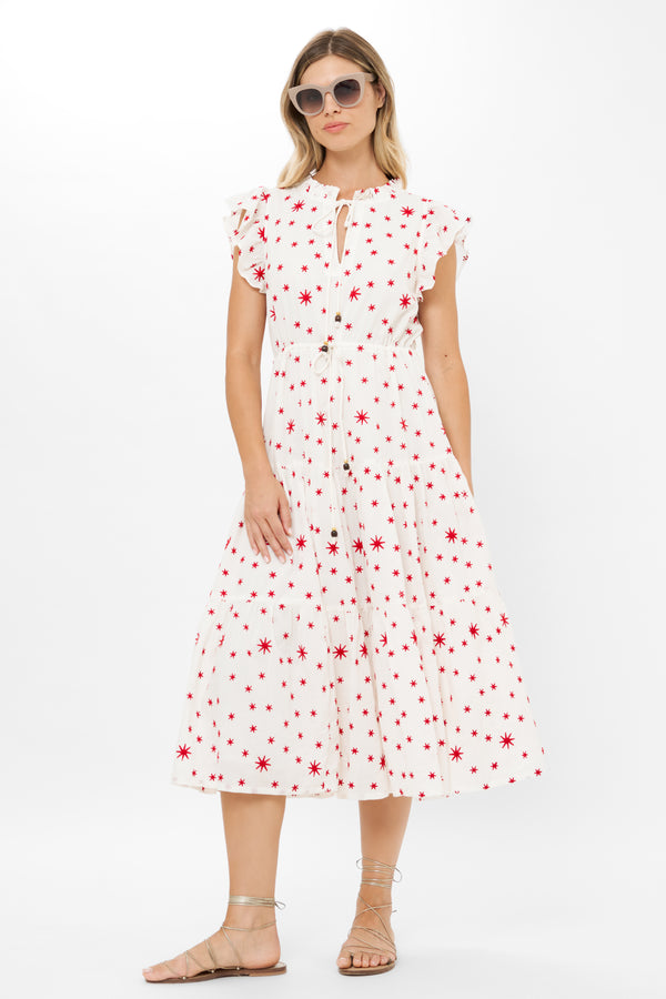 Cinched Flirty Midi- Ellsworth Red