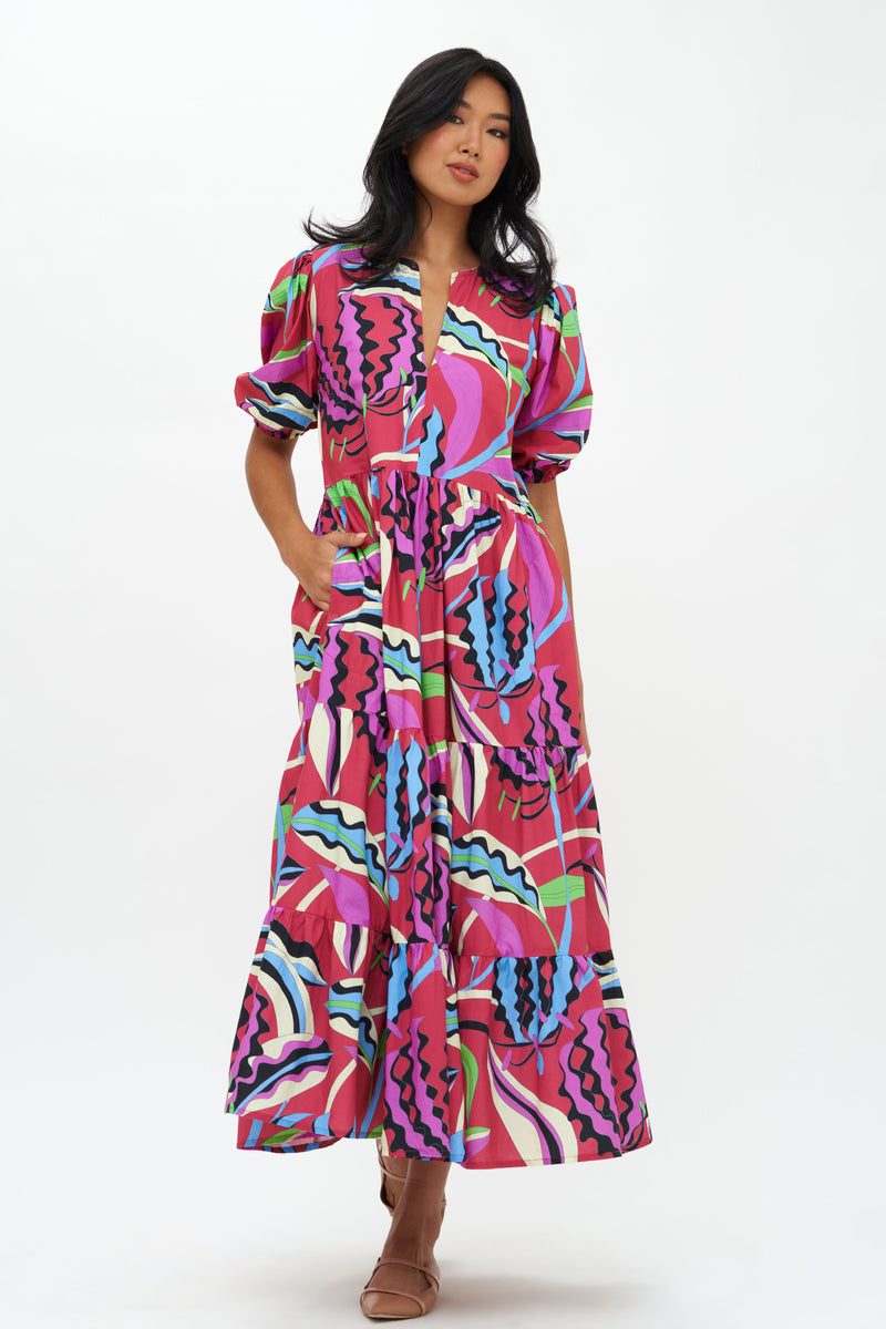 Puff Sleeve Maxi- Fergana Rhubarb