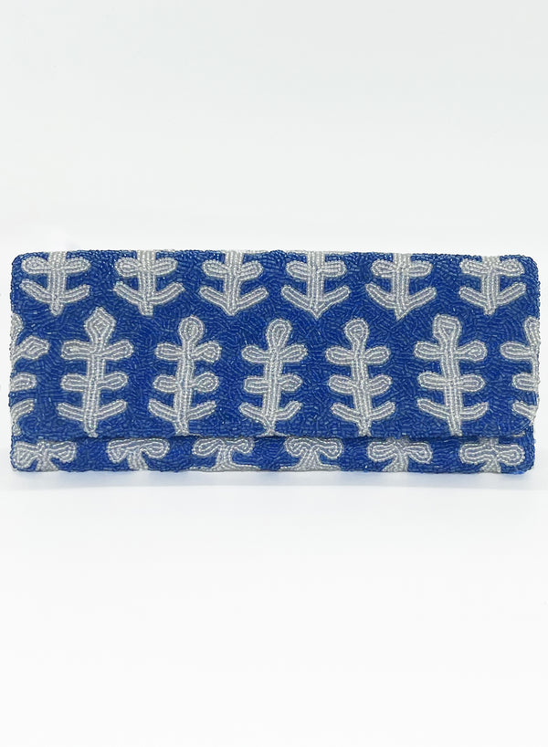 Beaded Clutch- Fern White Blue