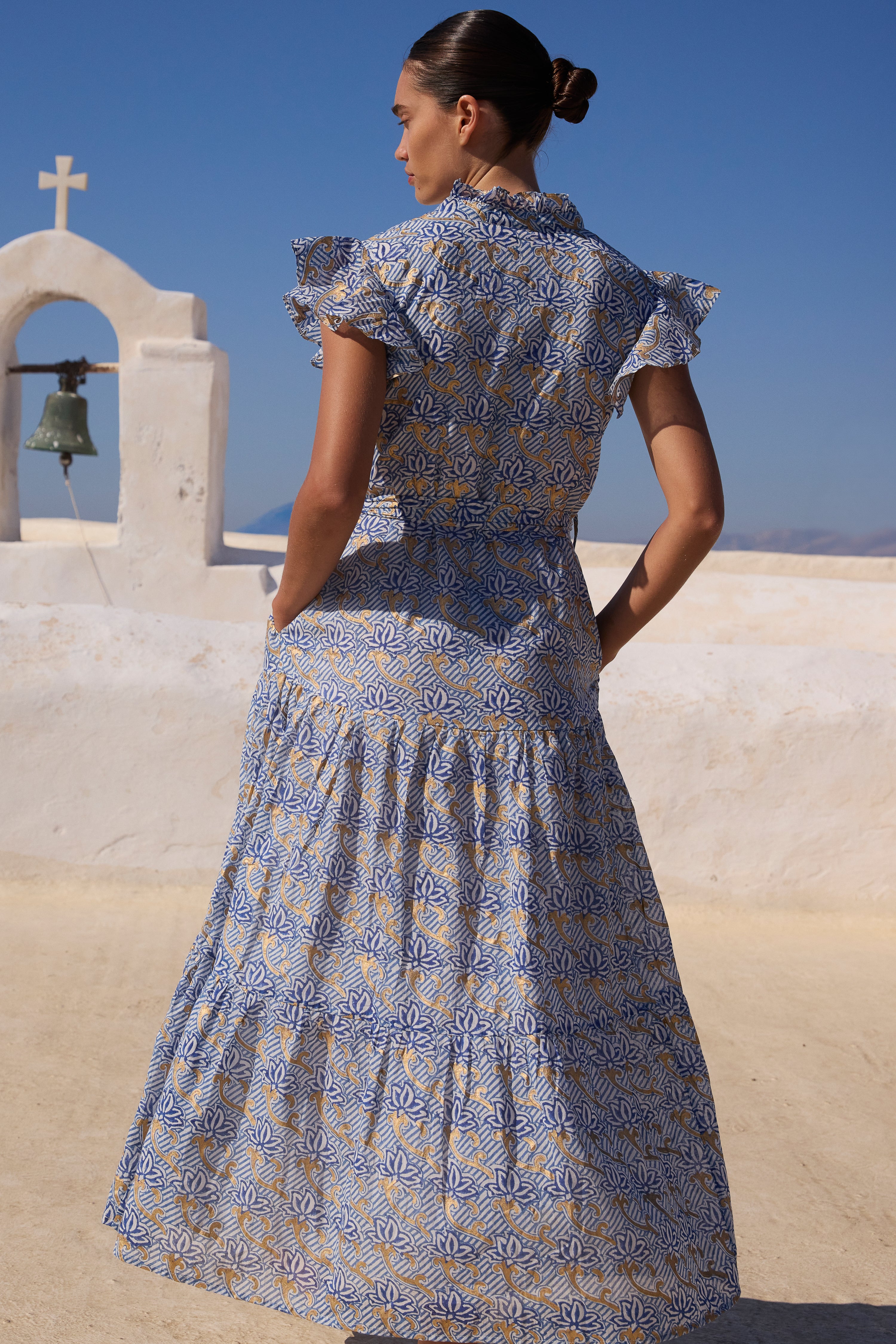 Ruffle Collar Button Maxi- Florence Blue