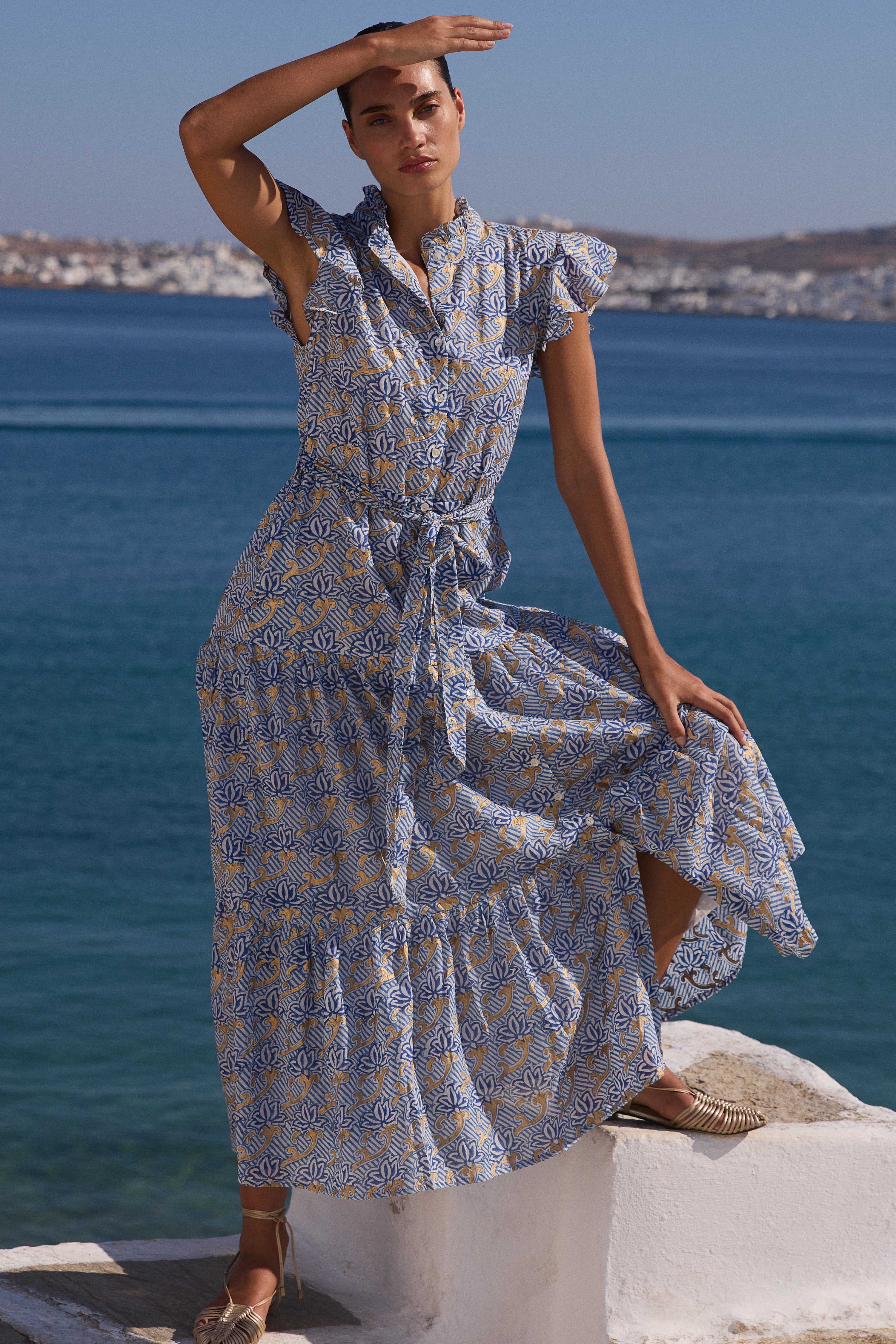 Ruffle Collar Button Maxi- Florence Blue