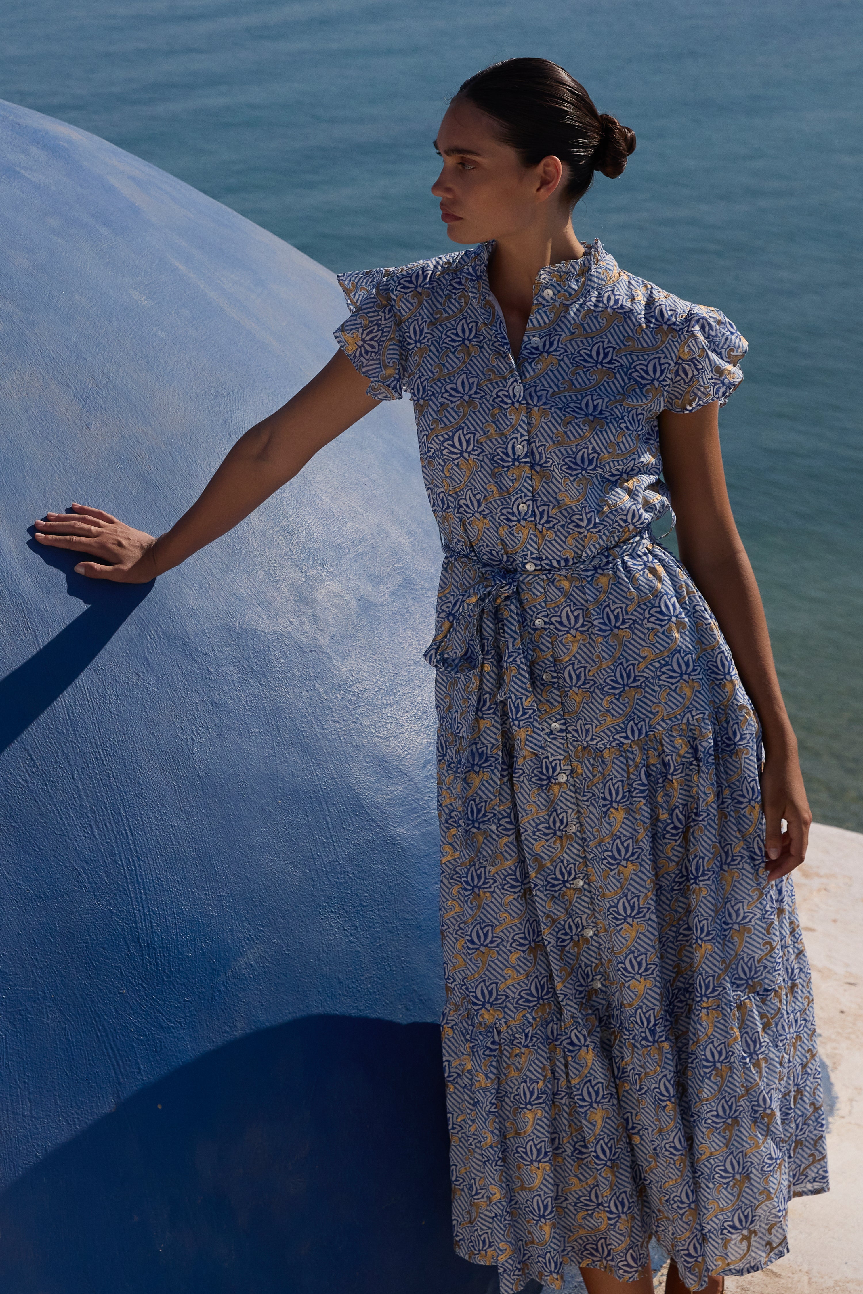 Ruffle Collar Button Maxi- Florence Blue