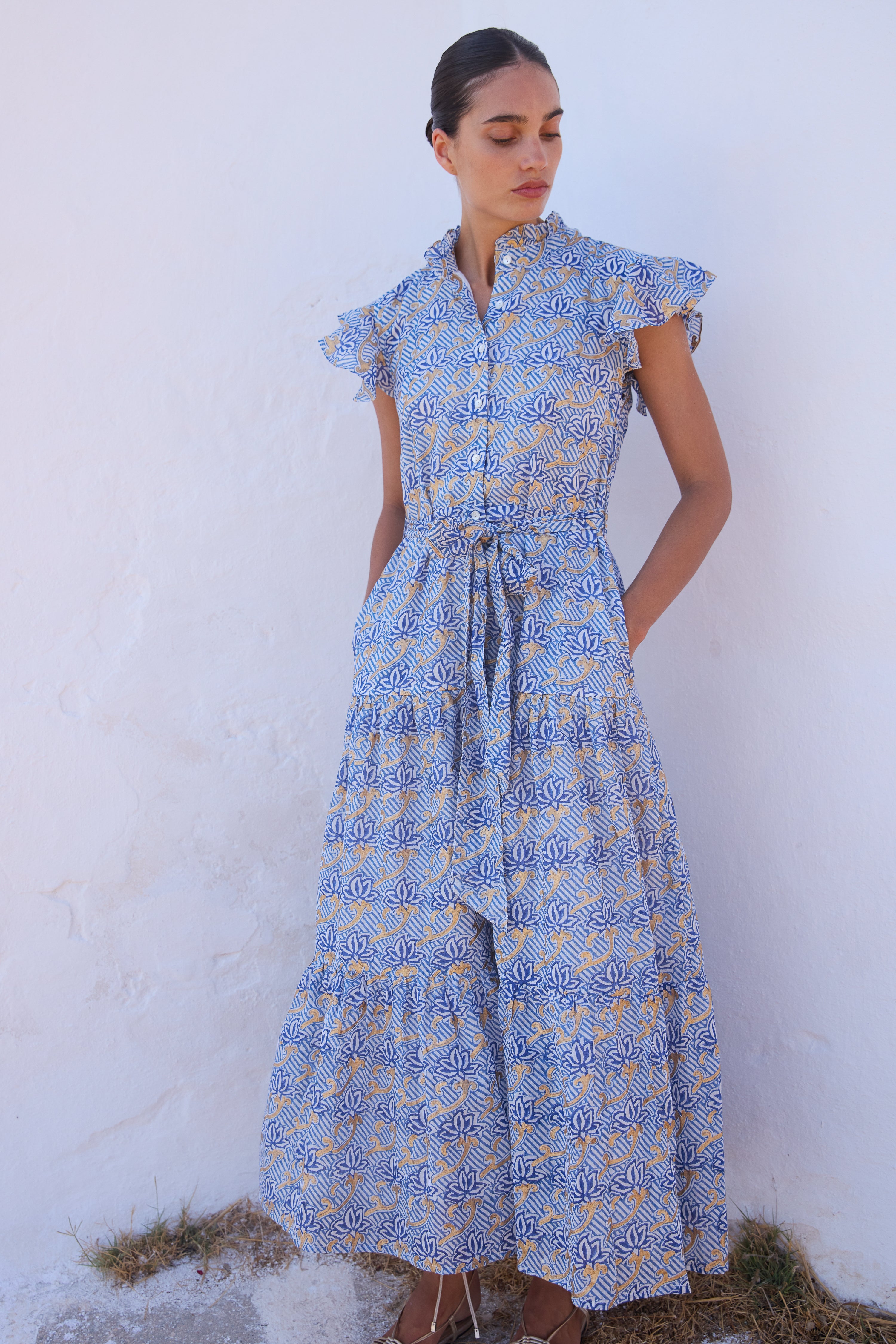 Ruffle Collar Button Maxi- Florence Blue