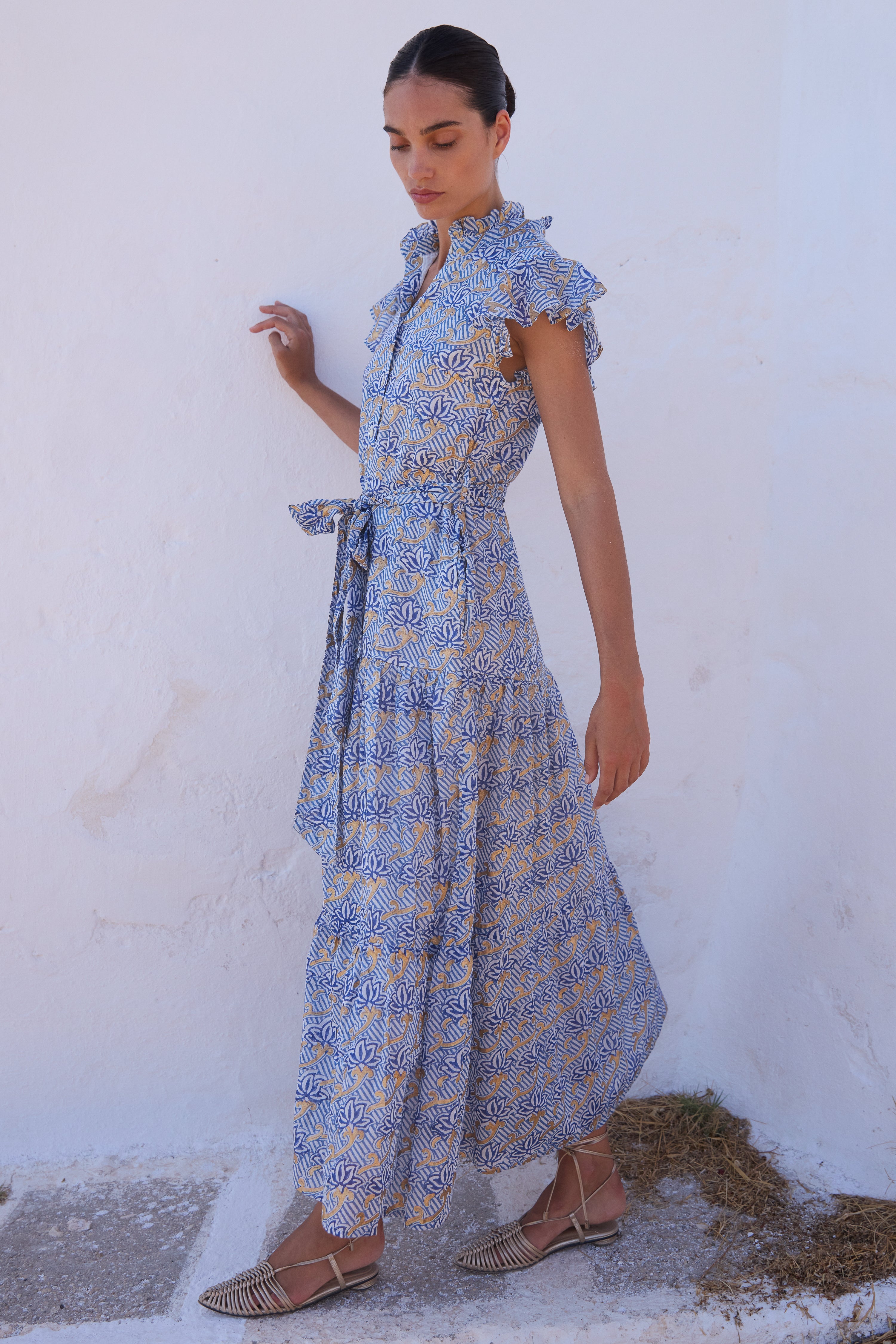 Ruffle Collar Button Maxi- Florence Blue