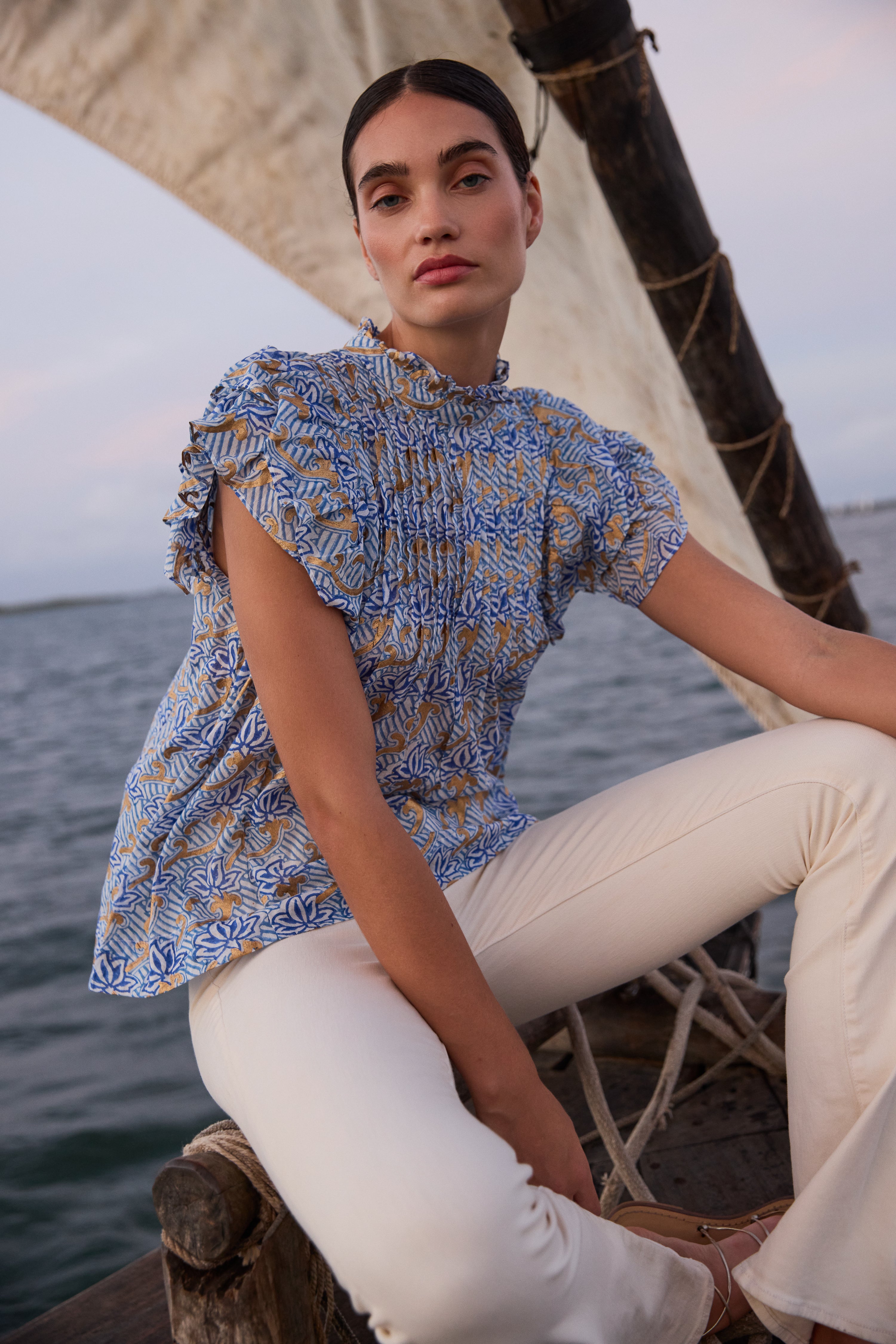 Pintuck Ruffle Top- Florence Blue