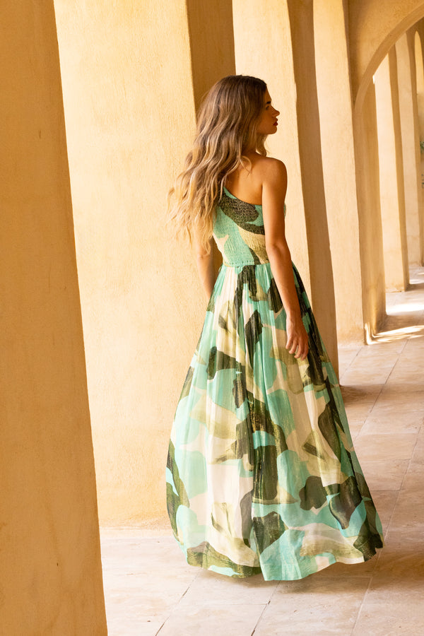 One Shoulder Smocked Maxi- Ginkgo Green