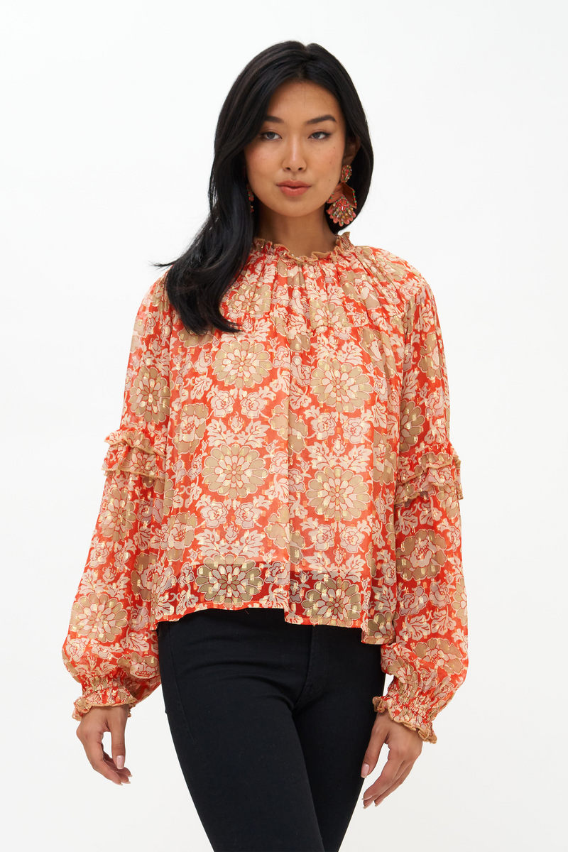 Red ruffle online sleeve blouse