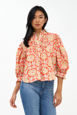 Short Sleeve Pintuck Button Down- Hamden Red