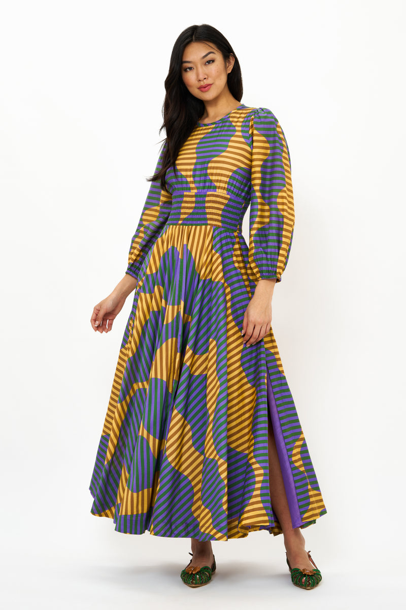 Crewneck Smocked Waist Maxi- Haring Saffron