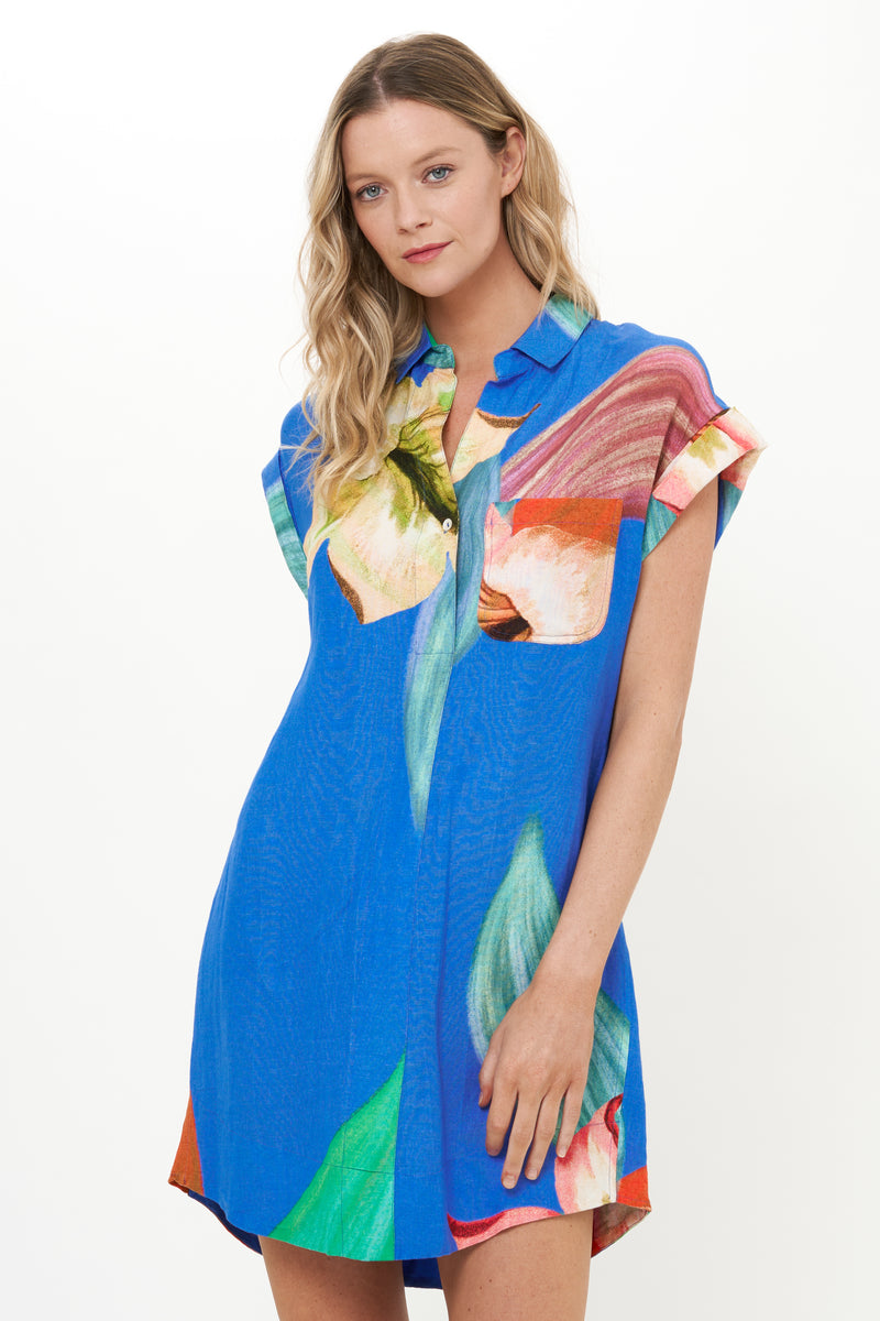 Shirt Dress Mini- Hibiscus Blue