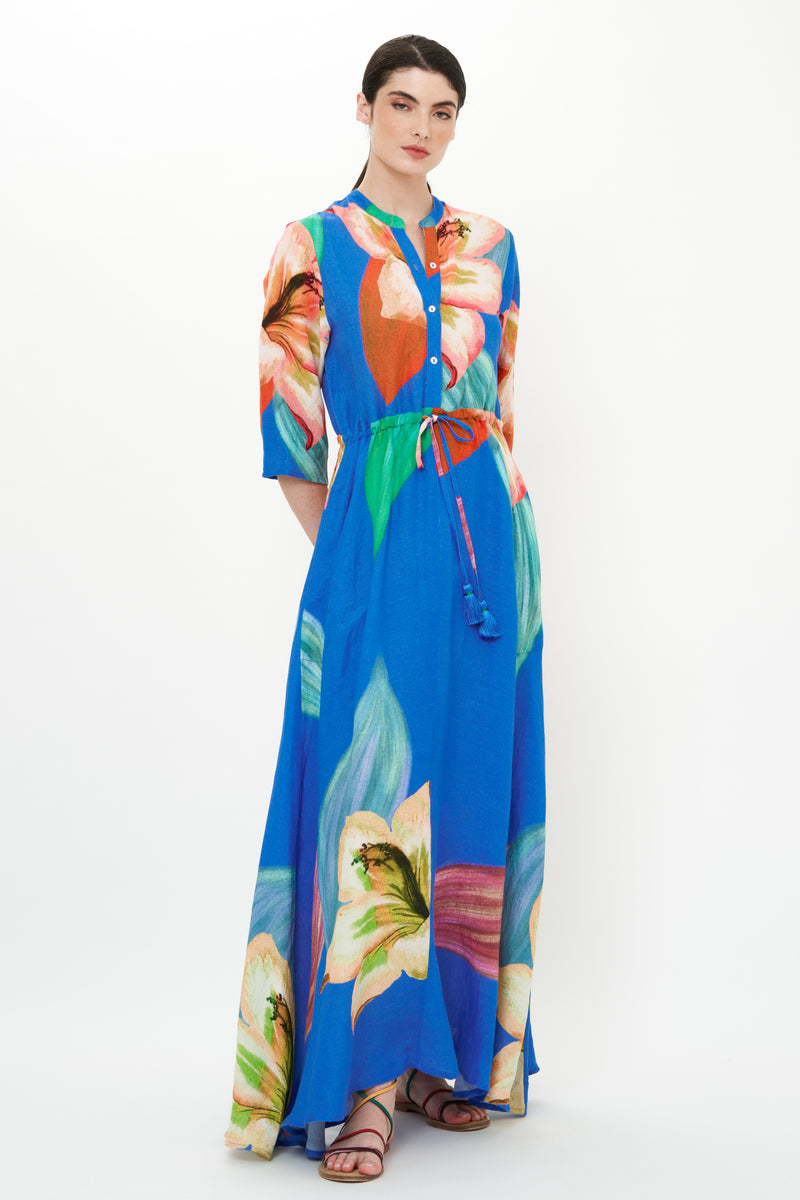 Cinched Shirt Dress Maxi- Hibiscus Blue