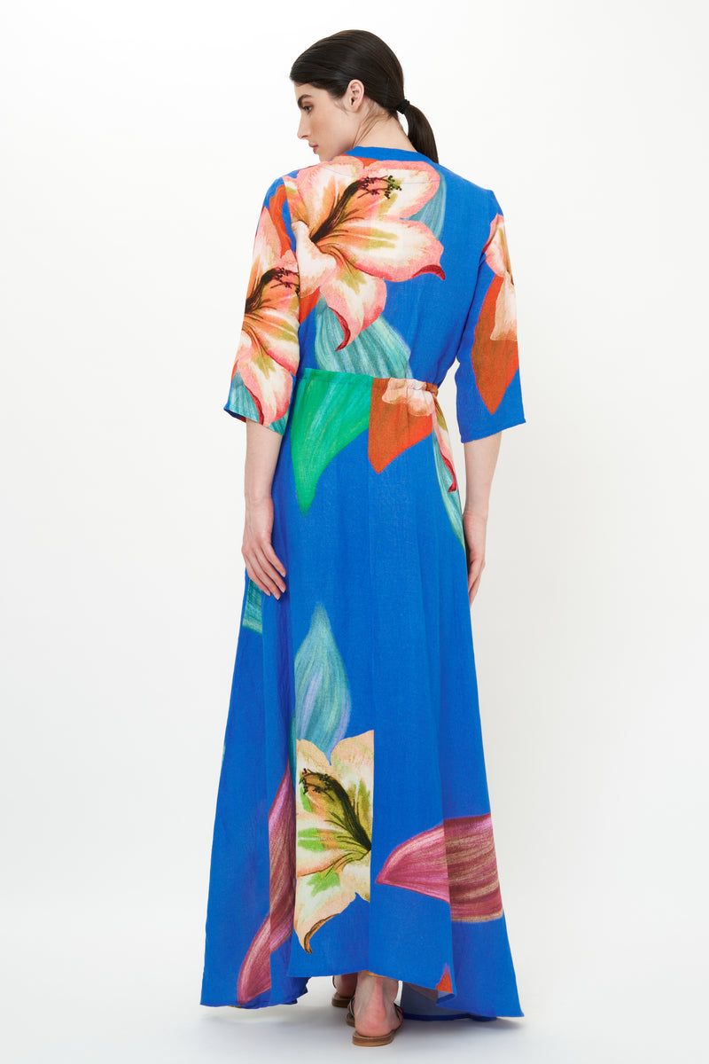 Cinched Shirt Dress Maxi- Hibiscus Blue