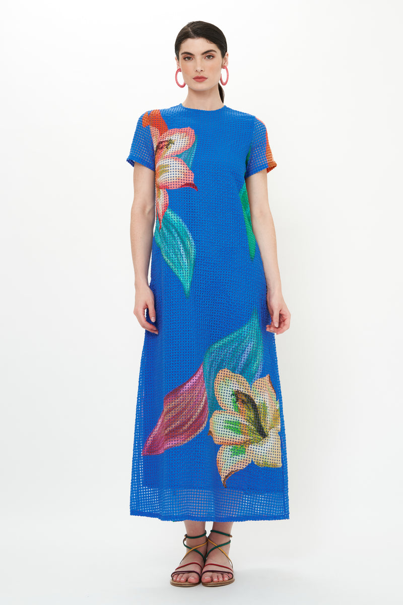 Short Sleeve Shift Maxi- Hibiscus Blue