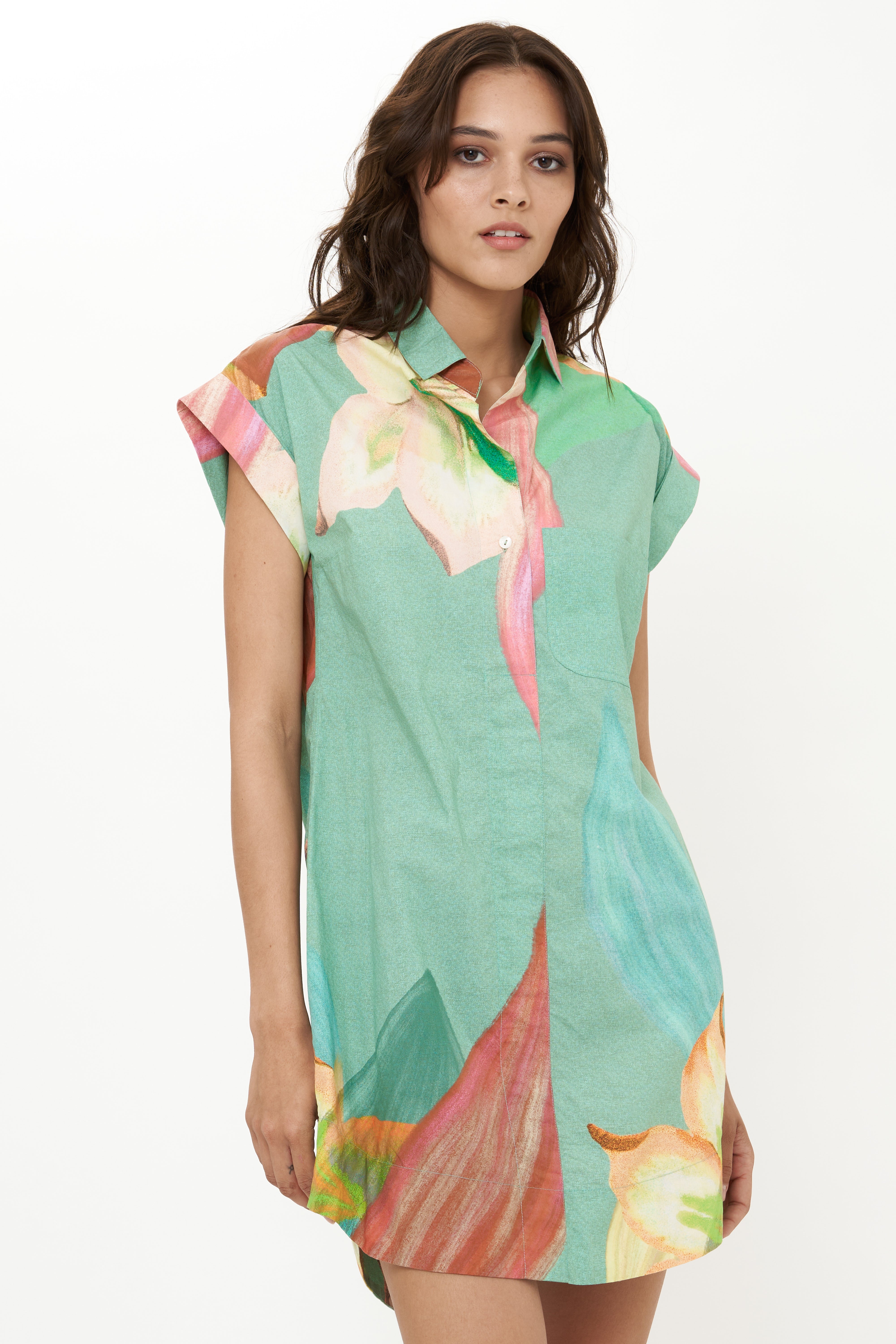 Shirt Dress Mini- Hibiscus Sage
