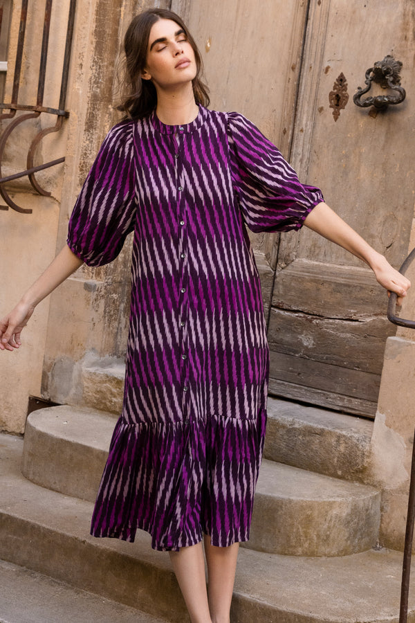 Button Puff Midi- Ikat Purple