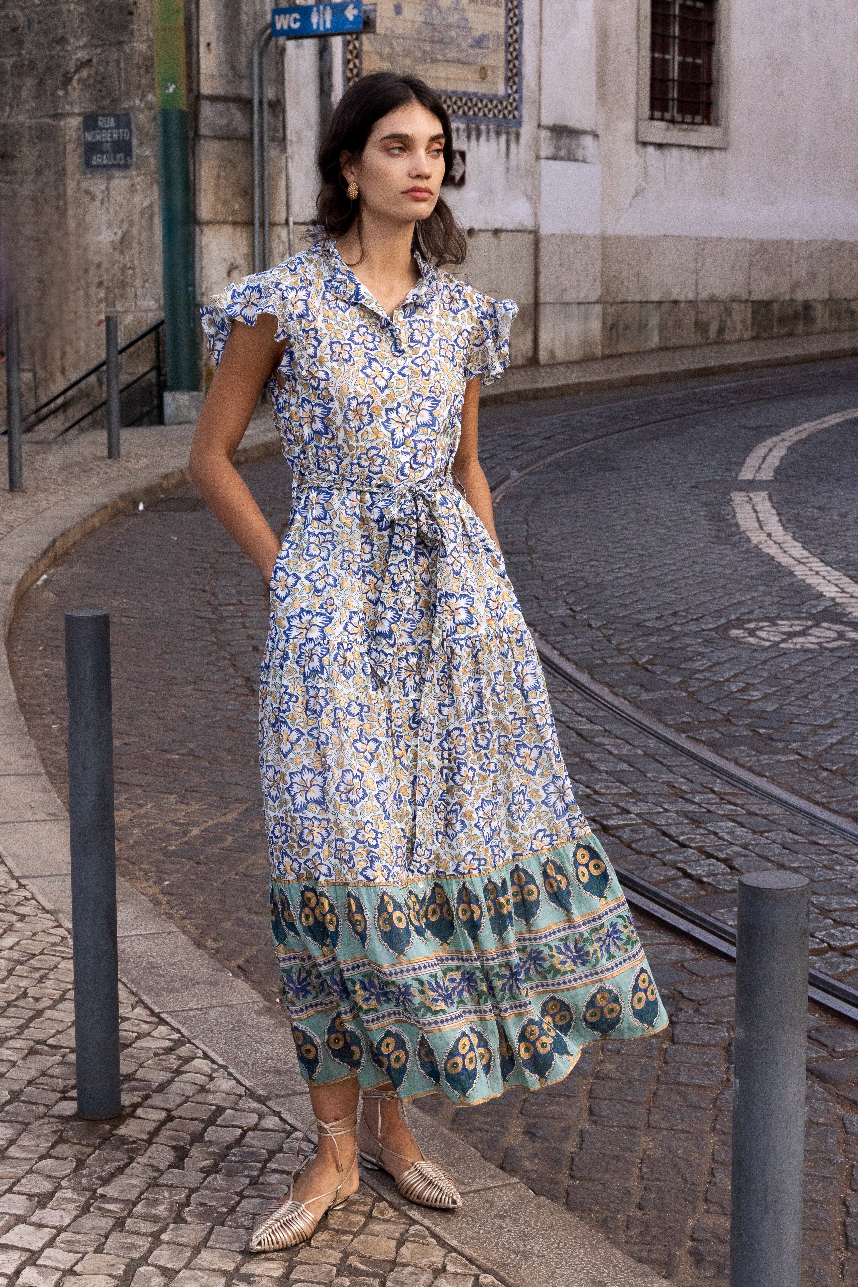 Ruffle Collar Button Maxi- Ivy Cobalt