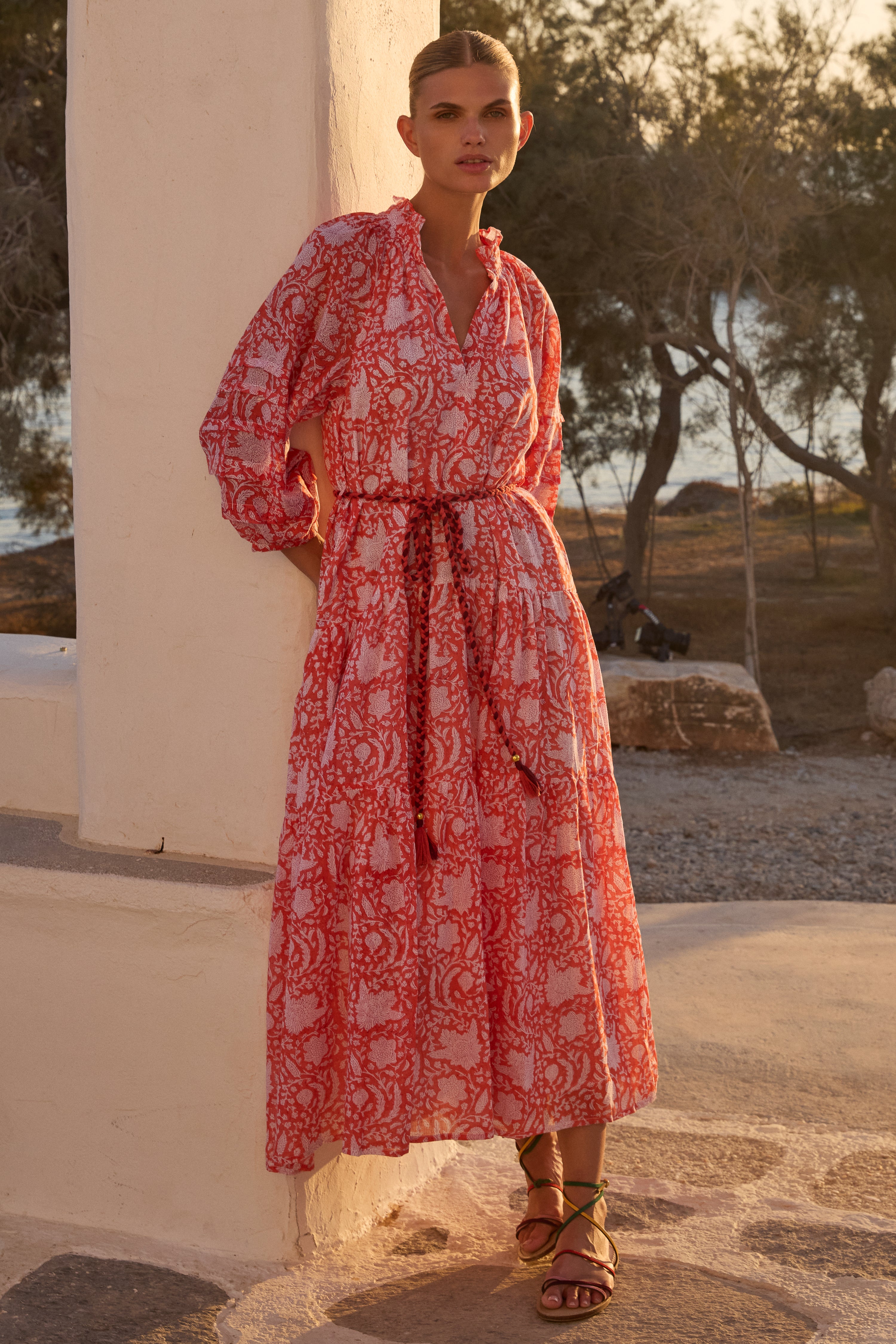 Cuff Sleeve Tie Waist Maxi- Ivy Orange