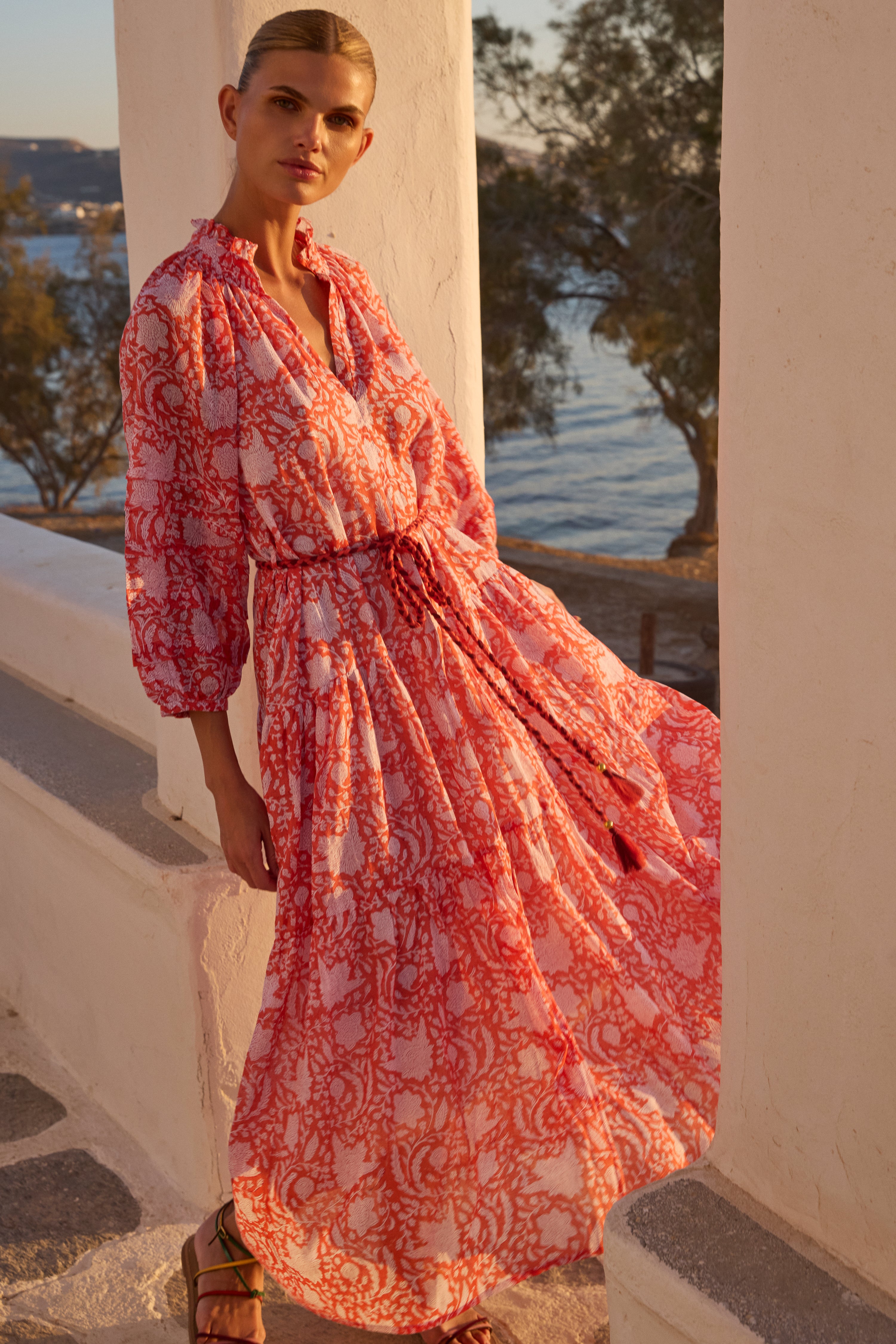 Cuff Sleeve Tie Waist Maxi- Ivy Orange