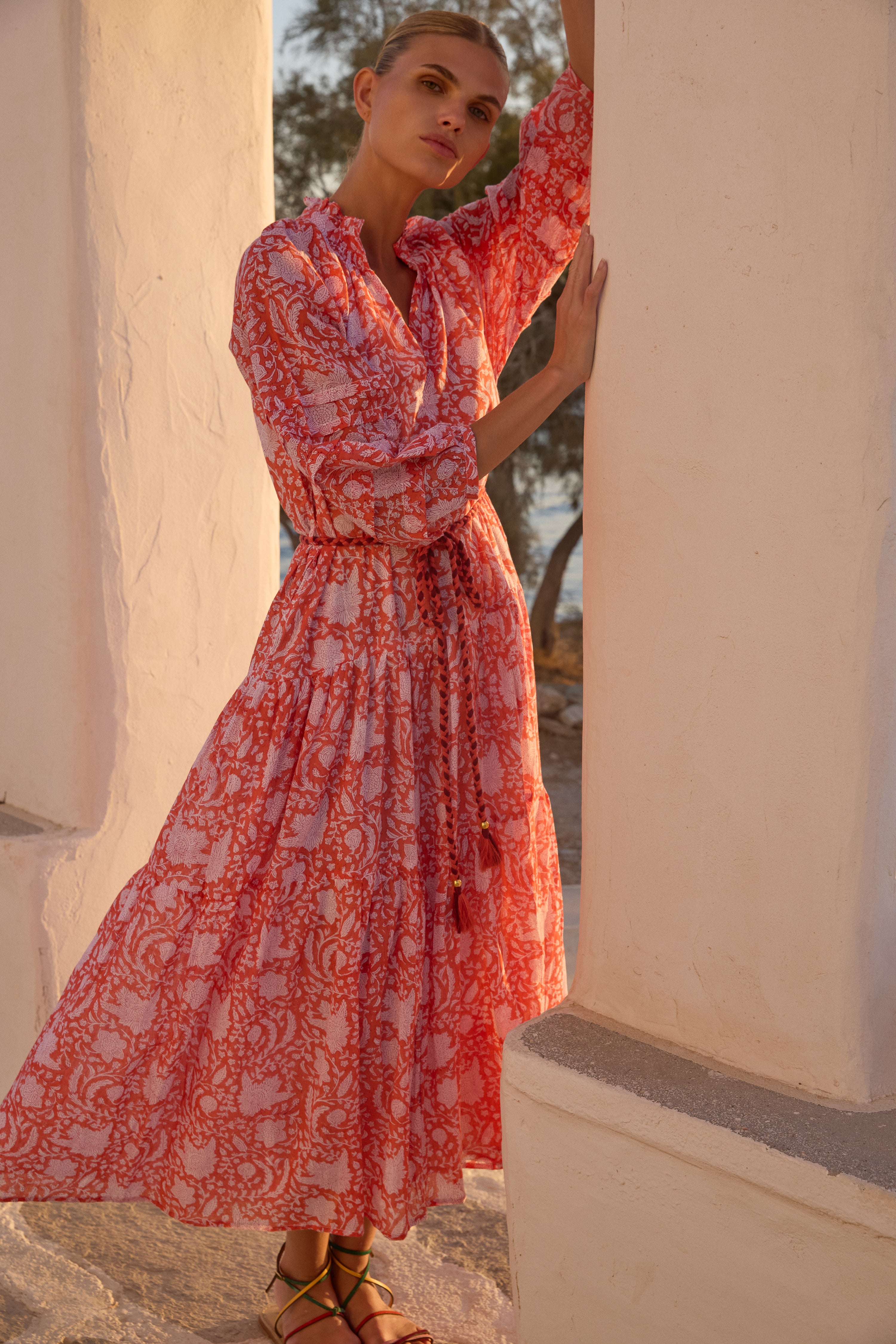 Cuff Sleeve Tie Waist Maxi- Ivy Orange