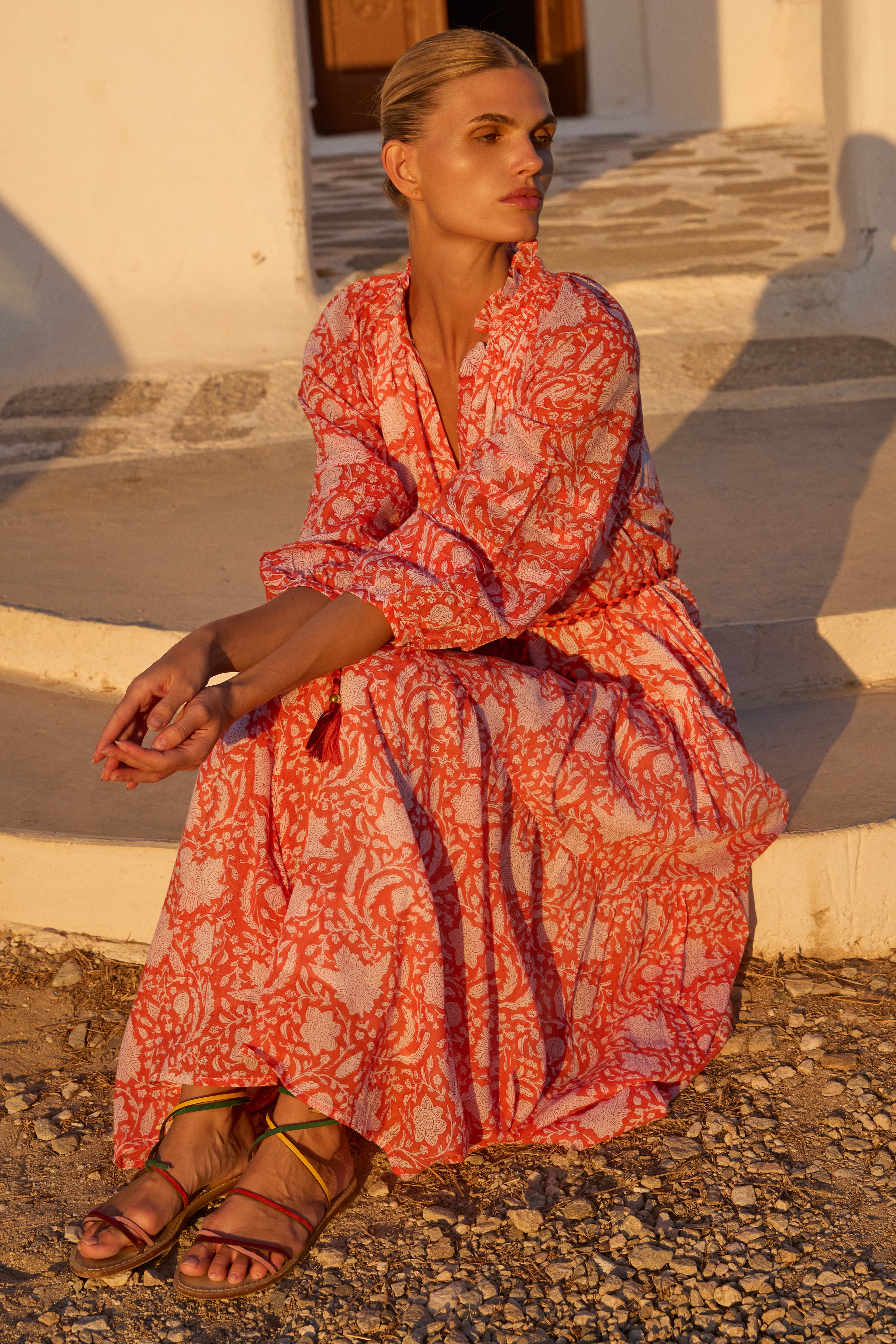 Cuff Sleeve Tie Waist Maxi- Ivy Orange