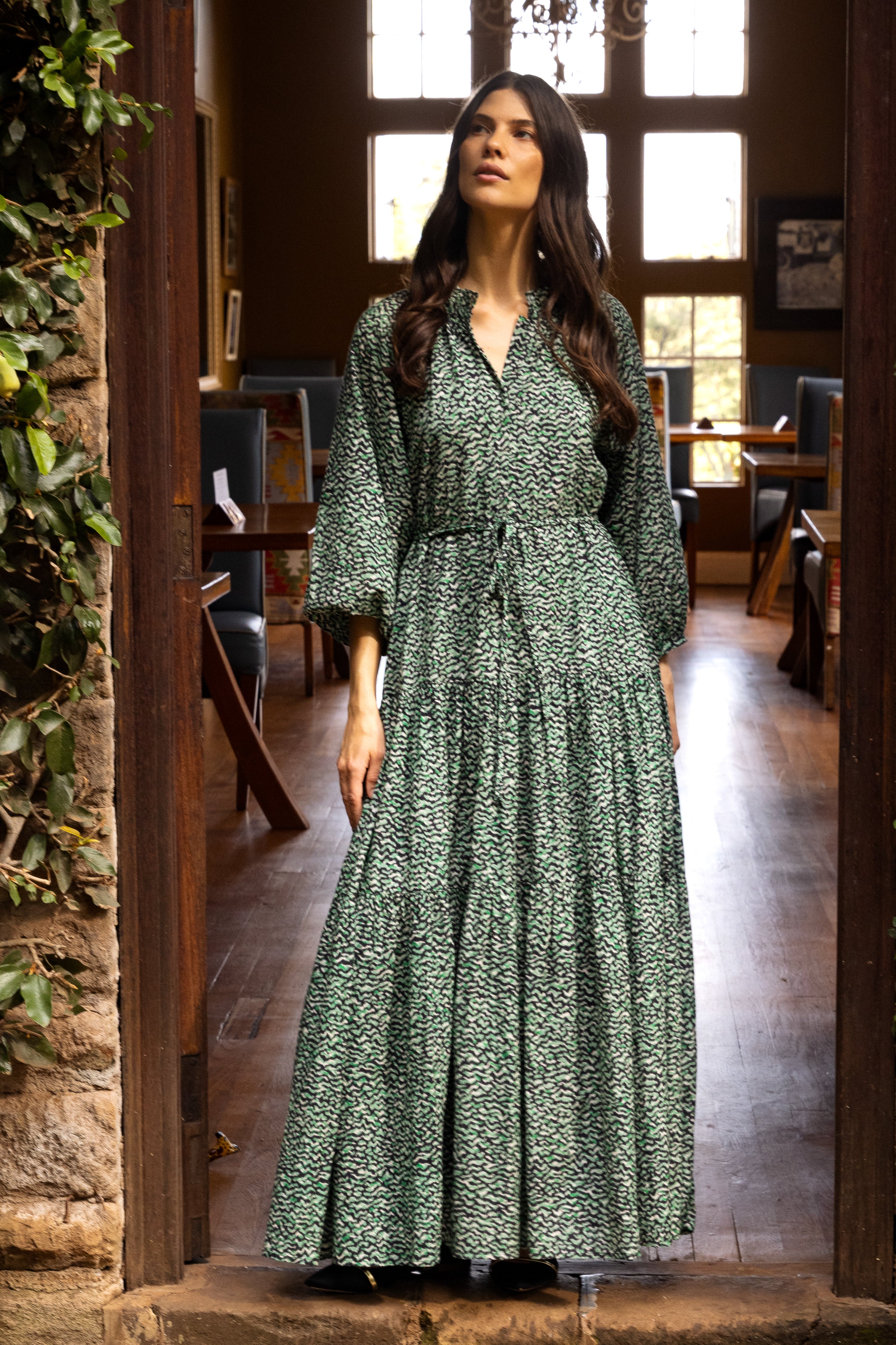 Cuff Sleeve Tie Waist Maxi- Jag Green