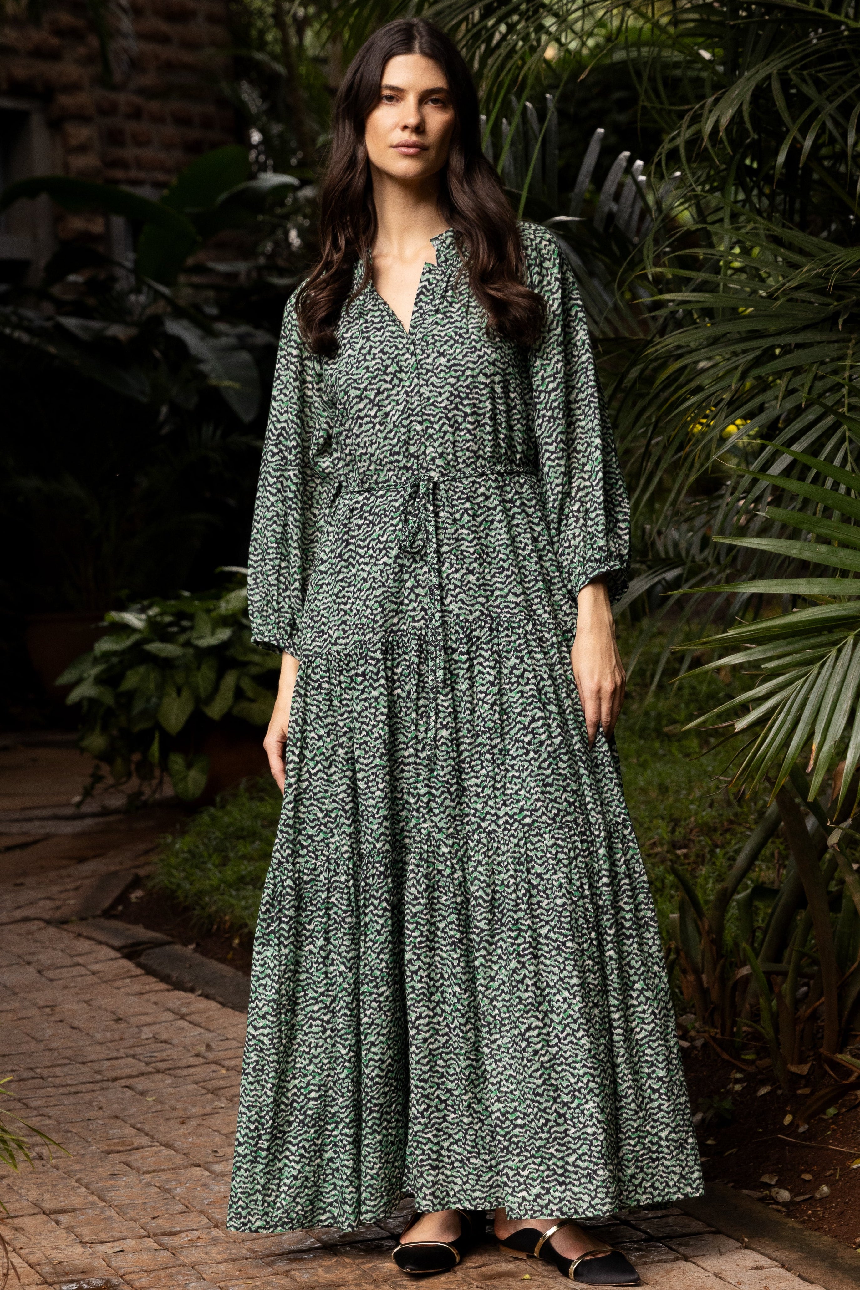 Cuff Sleeve Tie Waist Maxi- Jag Green