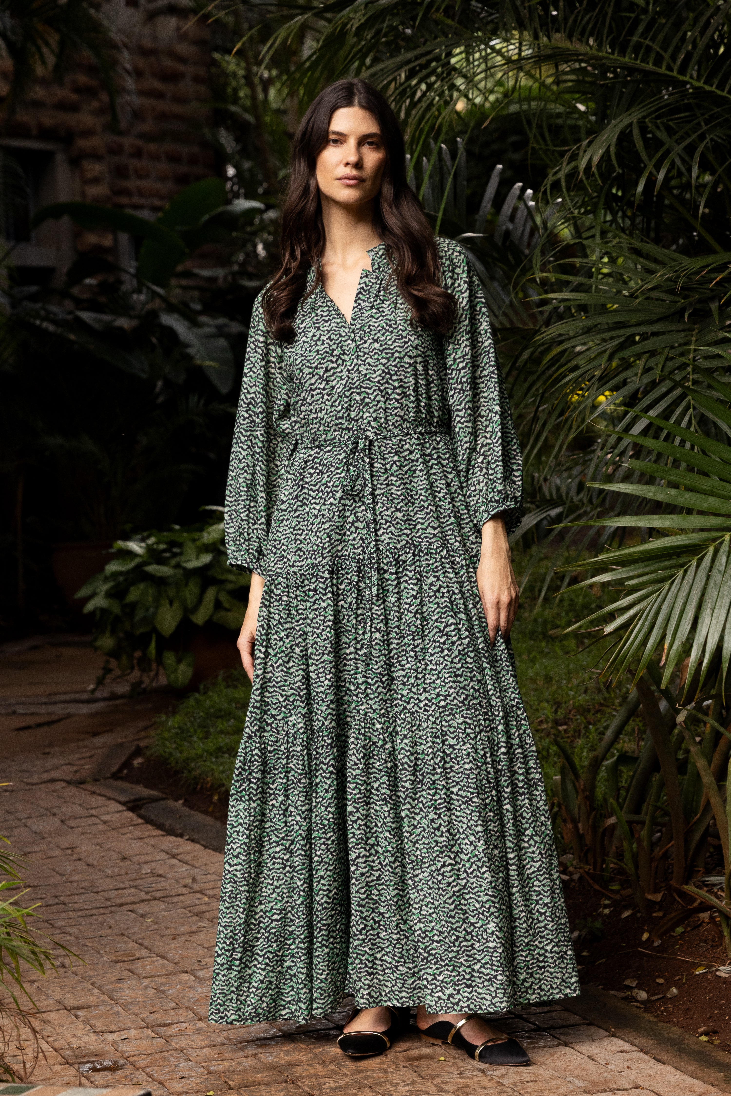 Cuff Sleeve Tie Waist Maxi- Jag Green