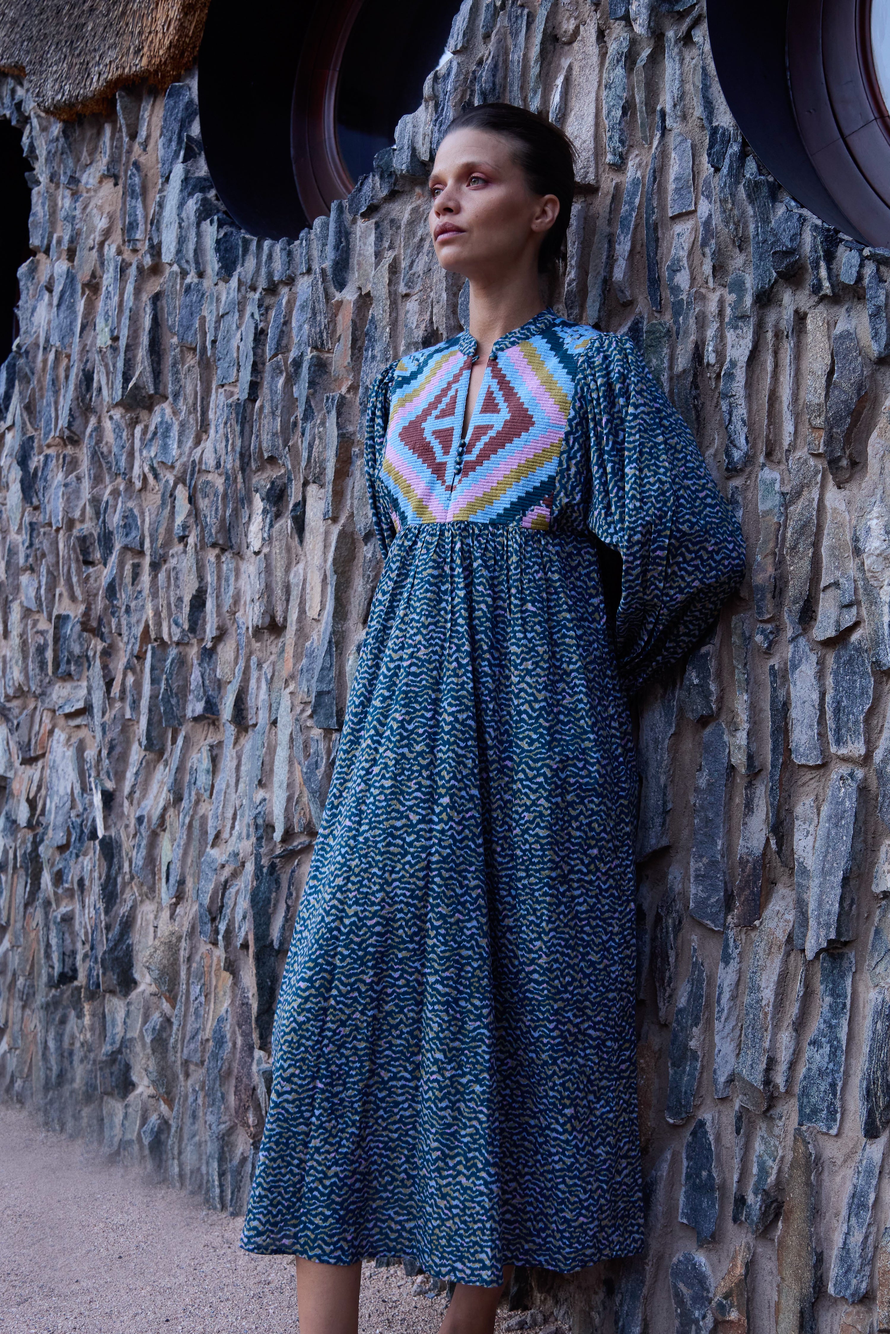 Mandarin Balloon Sleeve Midi- Jag Navy