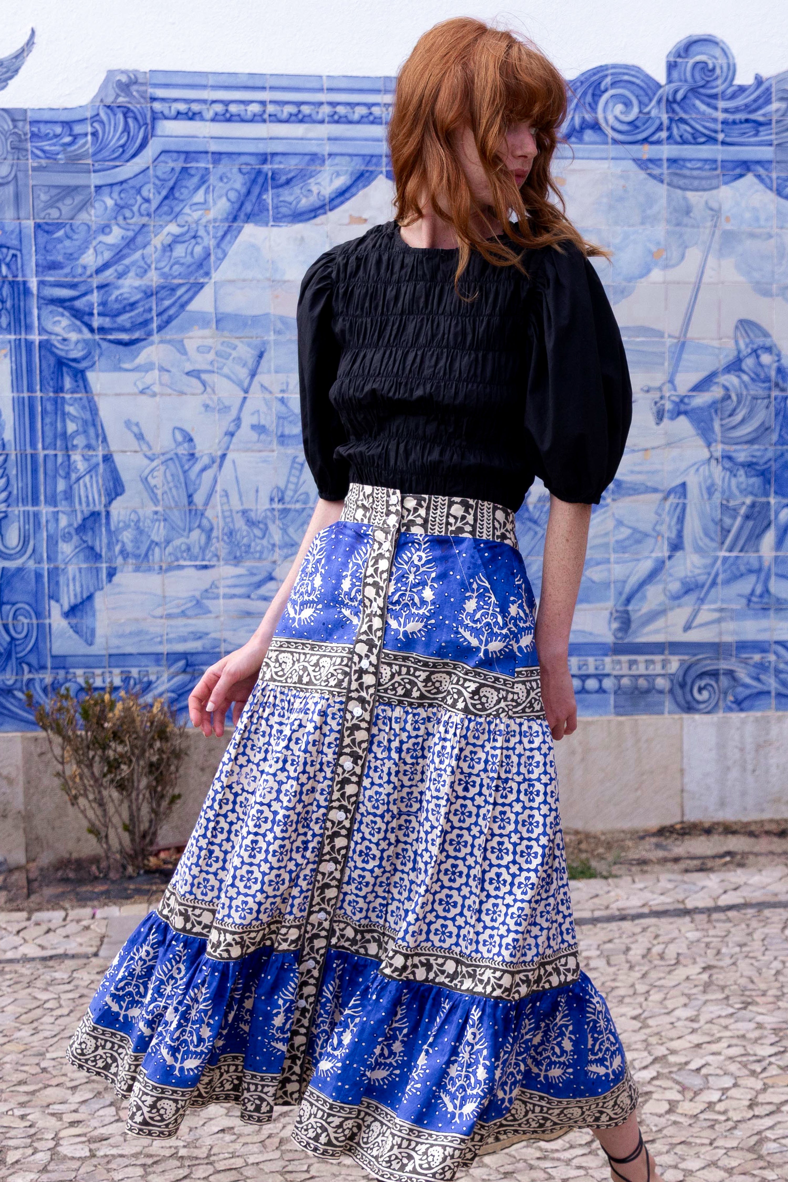 Button Front Skirt- Jaisalmer Cobalt