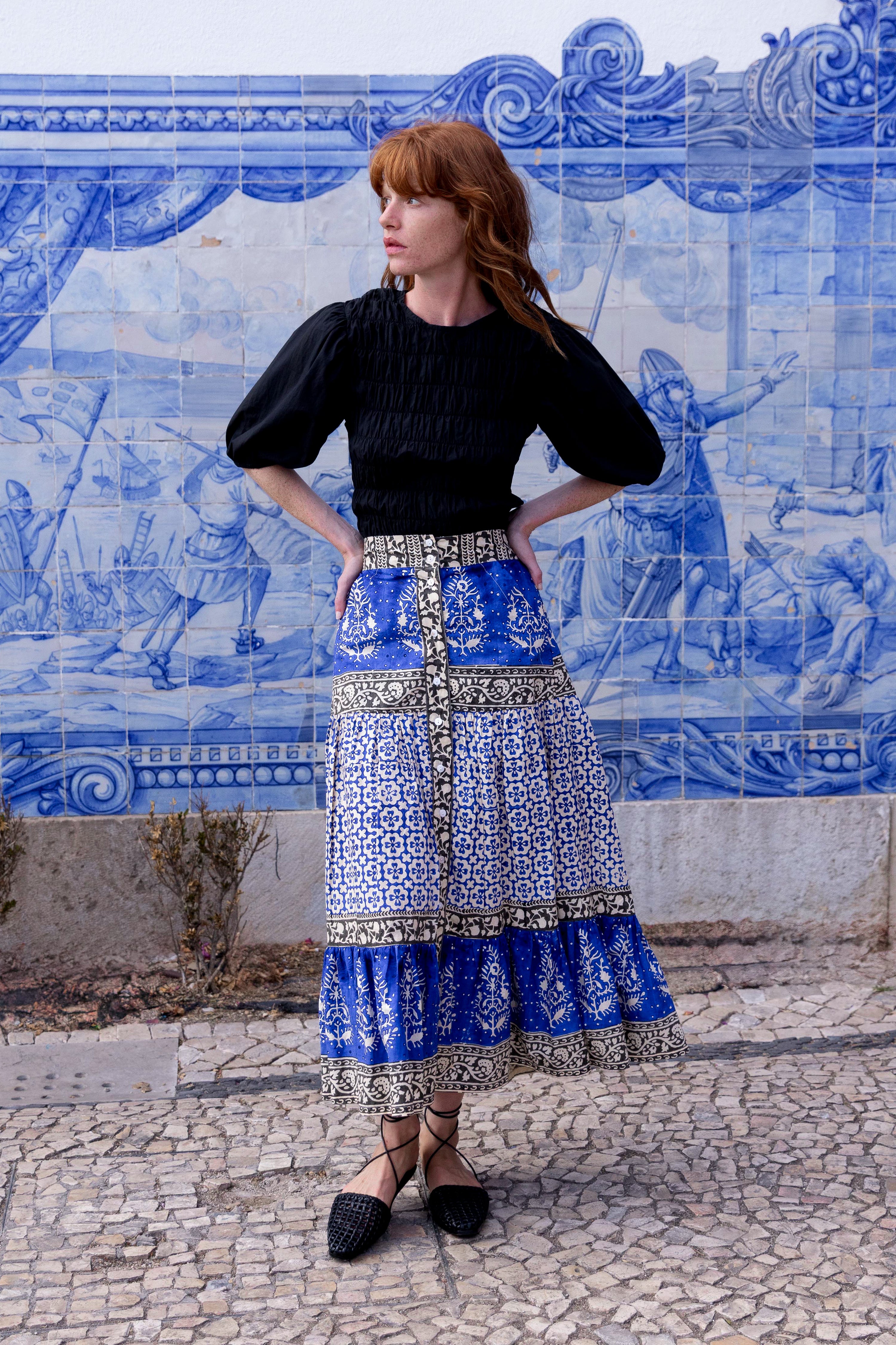 Button Front Skirt- Jaisalmer Cobalt