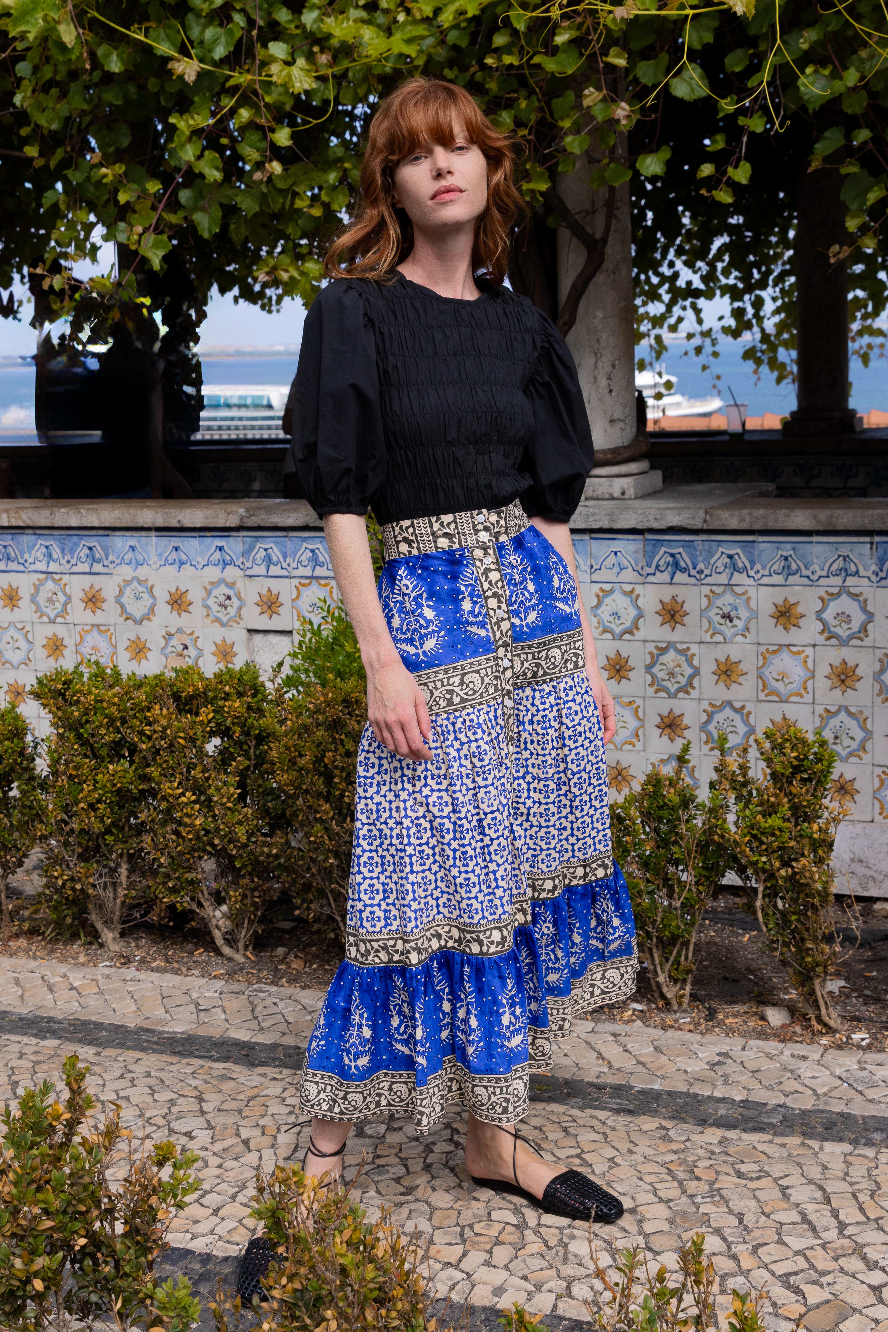 Button Front Skirt- Jaisalmer Cobalt