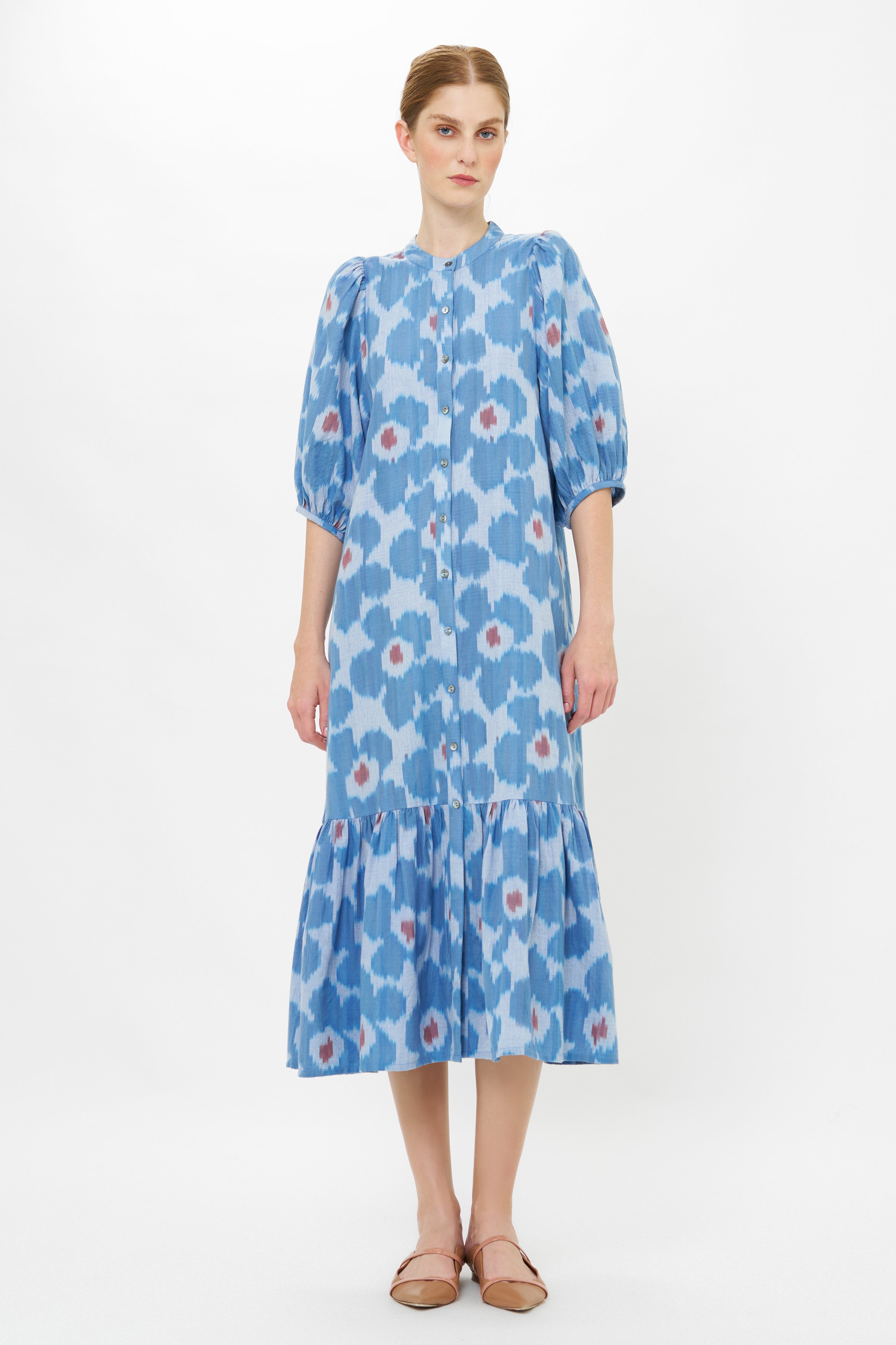 Button Puff Midi- Jinja Blue
