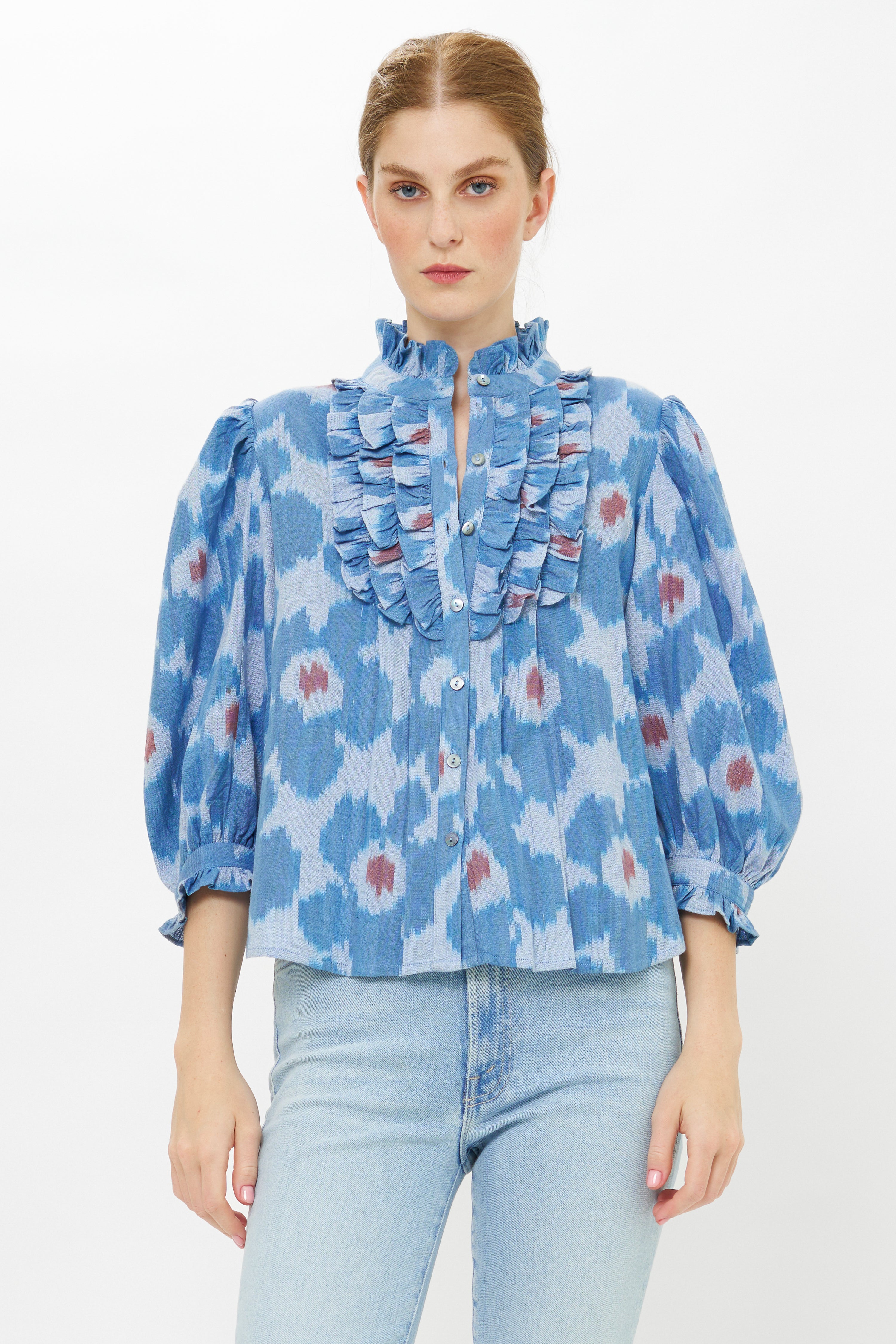 Ruffle Front Button Blouse- Jinja Blue