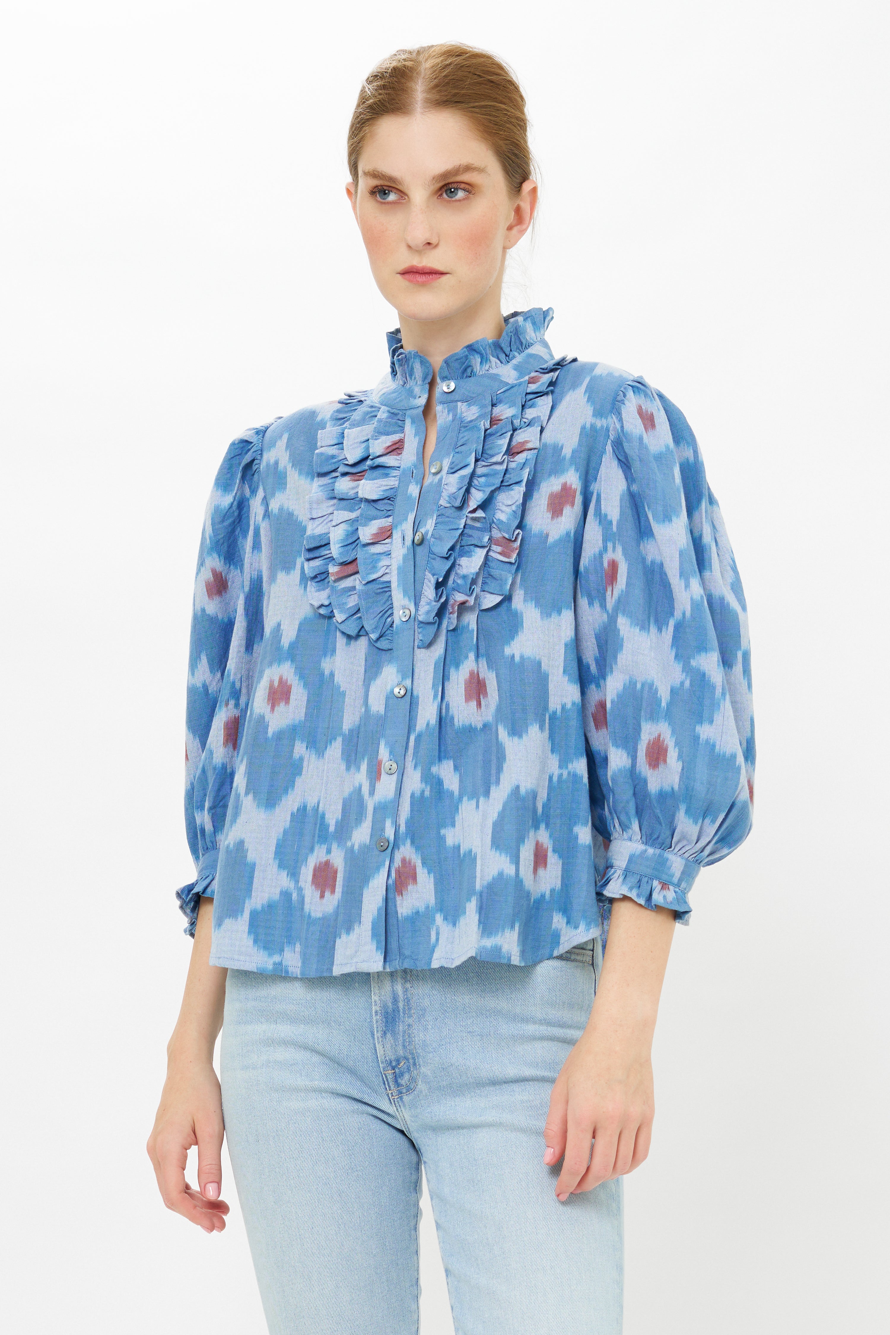 Ruffle Front Button Blouse- Jinja Blue
