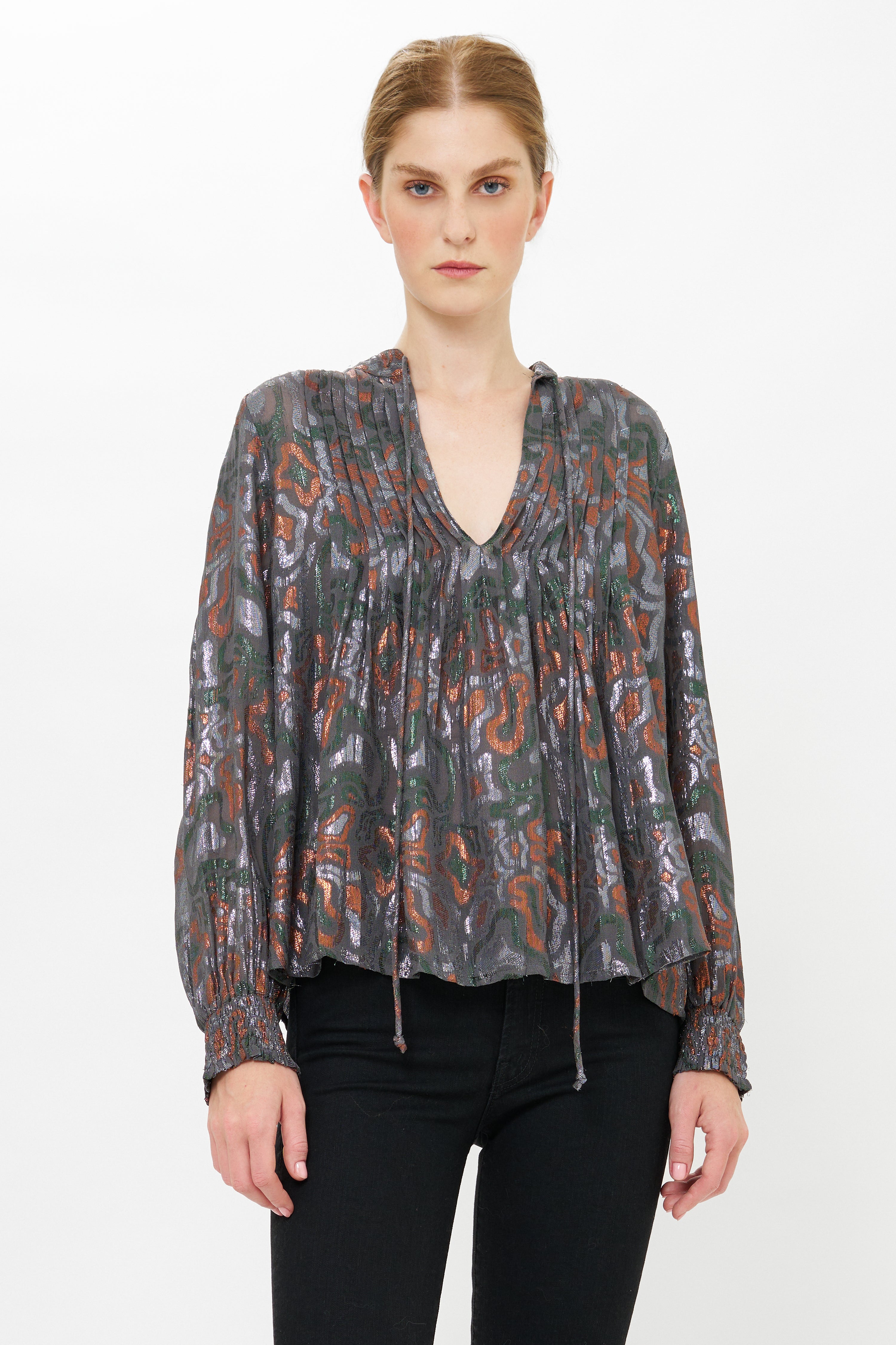 V-Neck Pintuck Blouse- Kenzo Charcoal