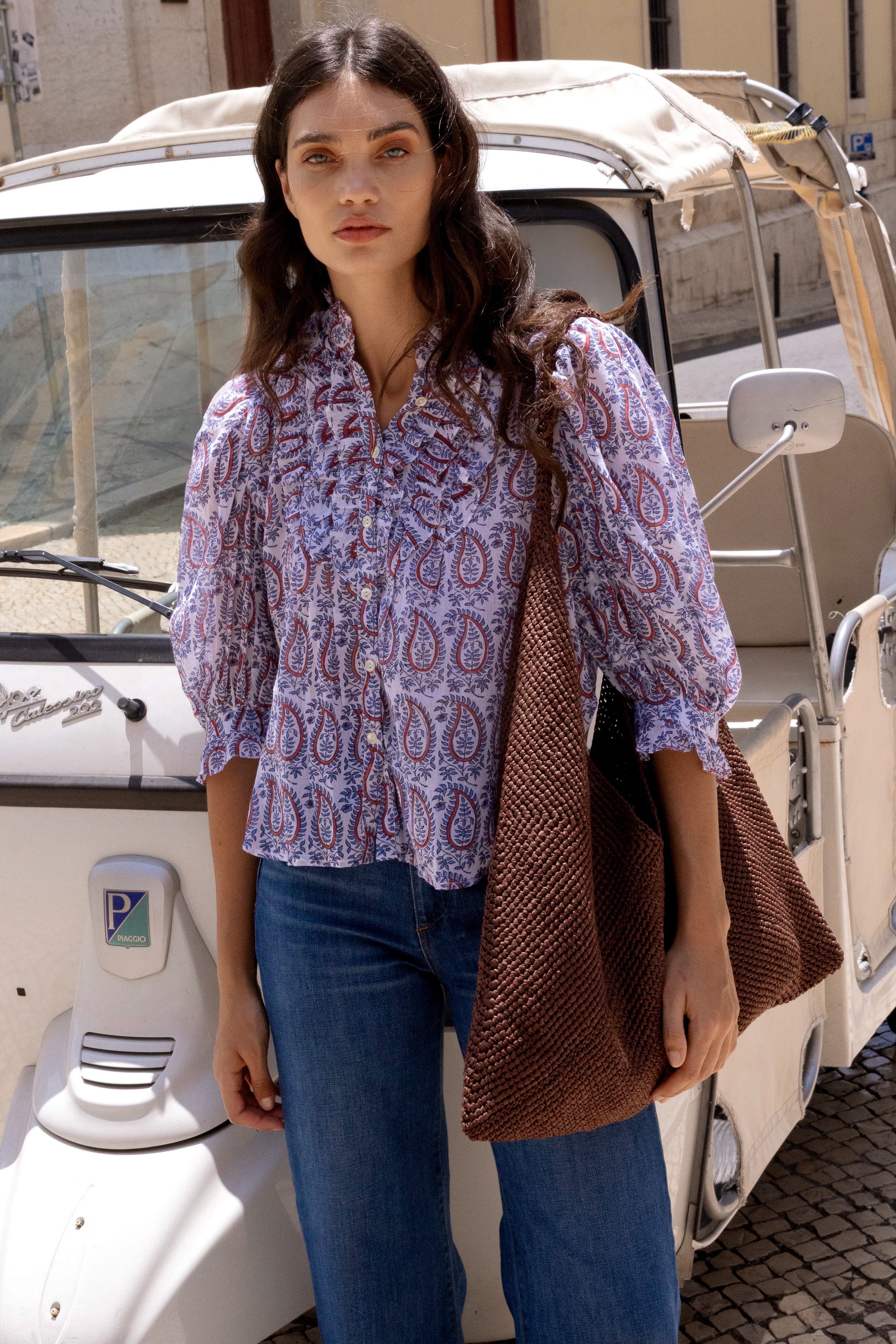 Ruffle Front Button Blouse- Kochi Blue