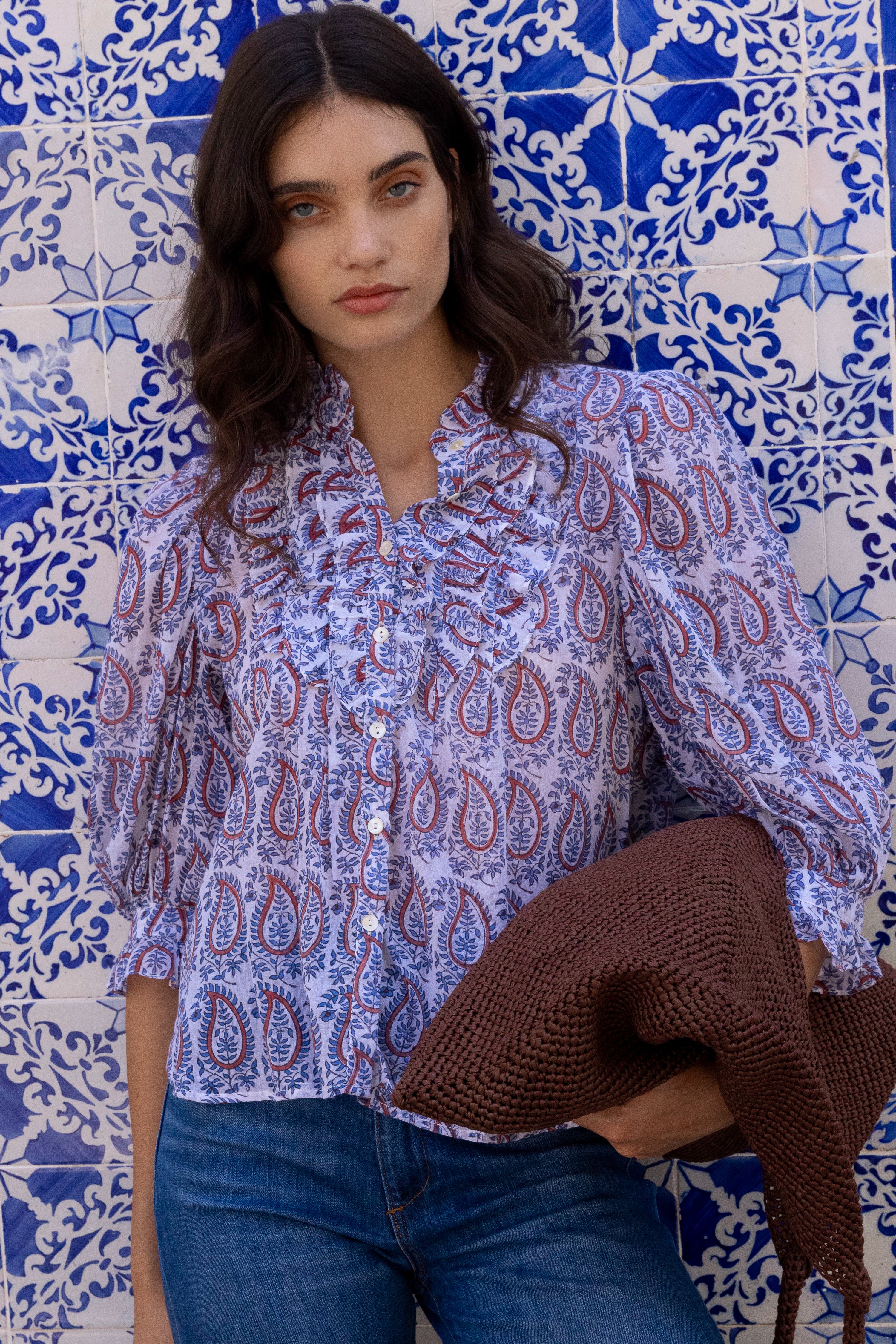Ruffle Front Button Blouse- Kochi Blue