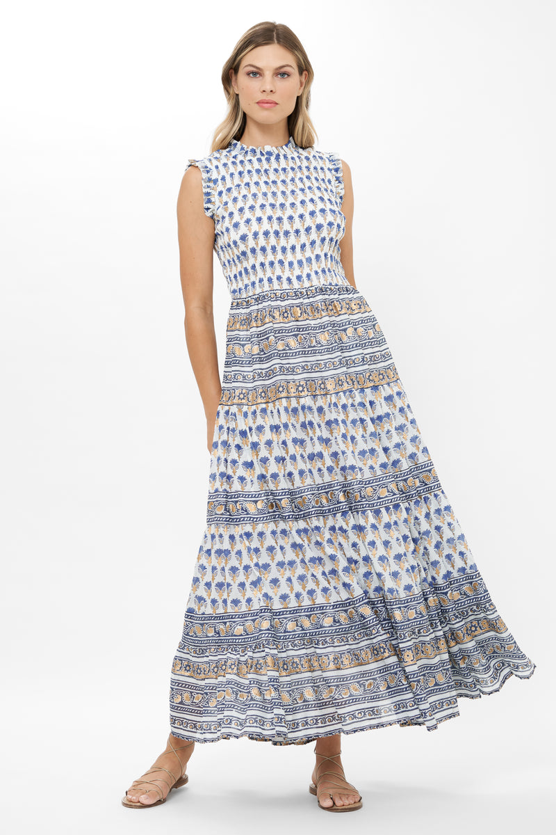 Sleeveless Smocked Maxi- Lotus Navy