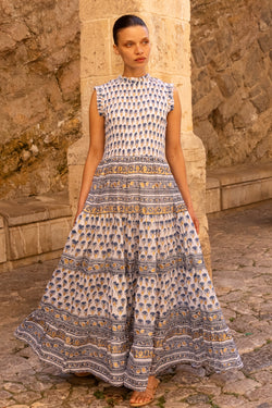 Sleeveless Smocked Maxi- Lotus Navy