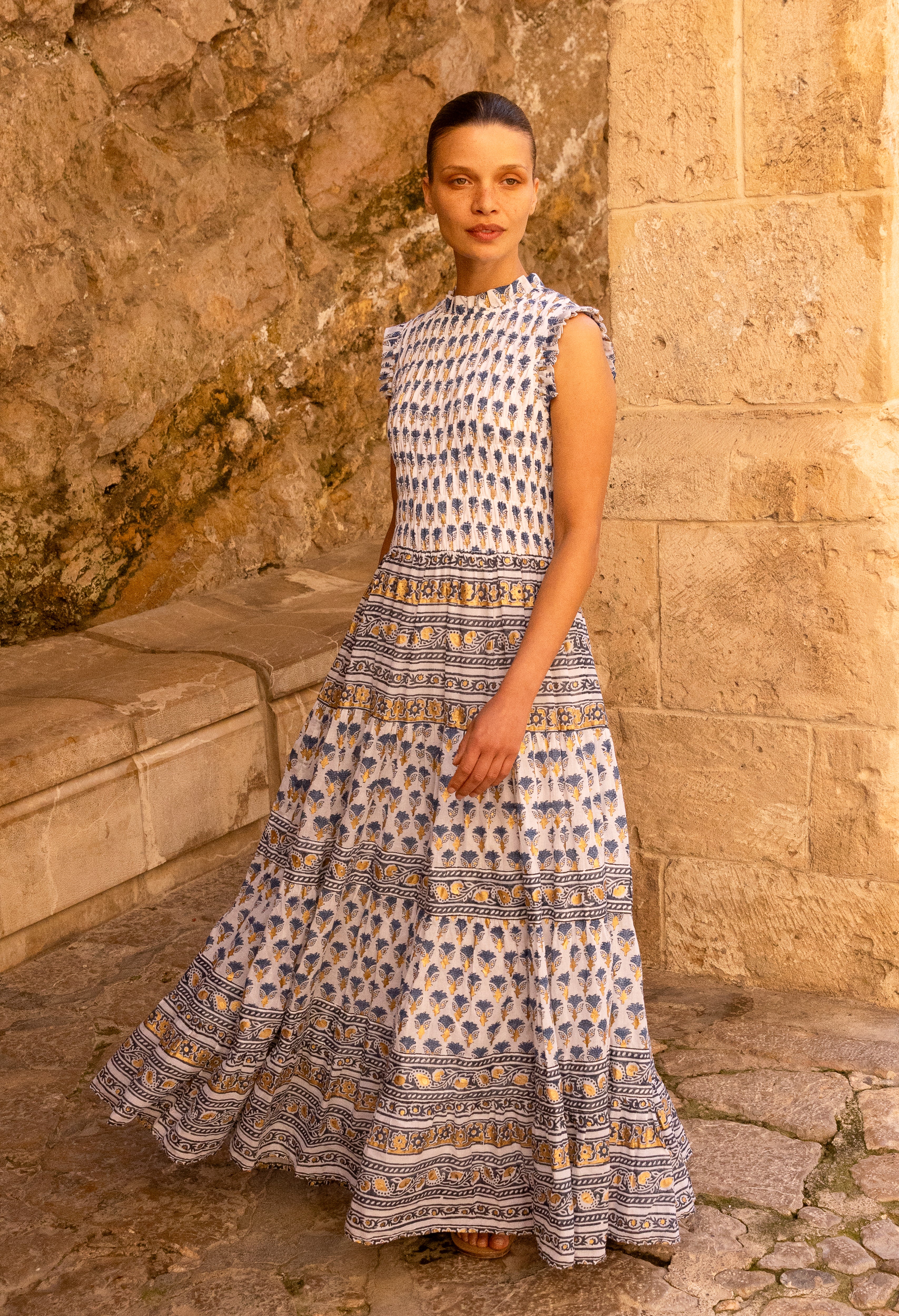 Sleeveless Smocked Maxi- Lotus Navy