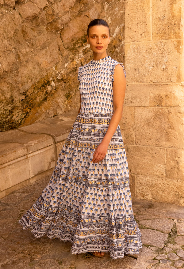 Sleeveless Smocked Maxi- Lotus Navy