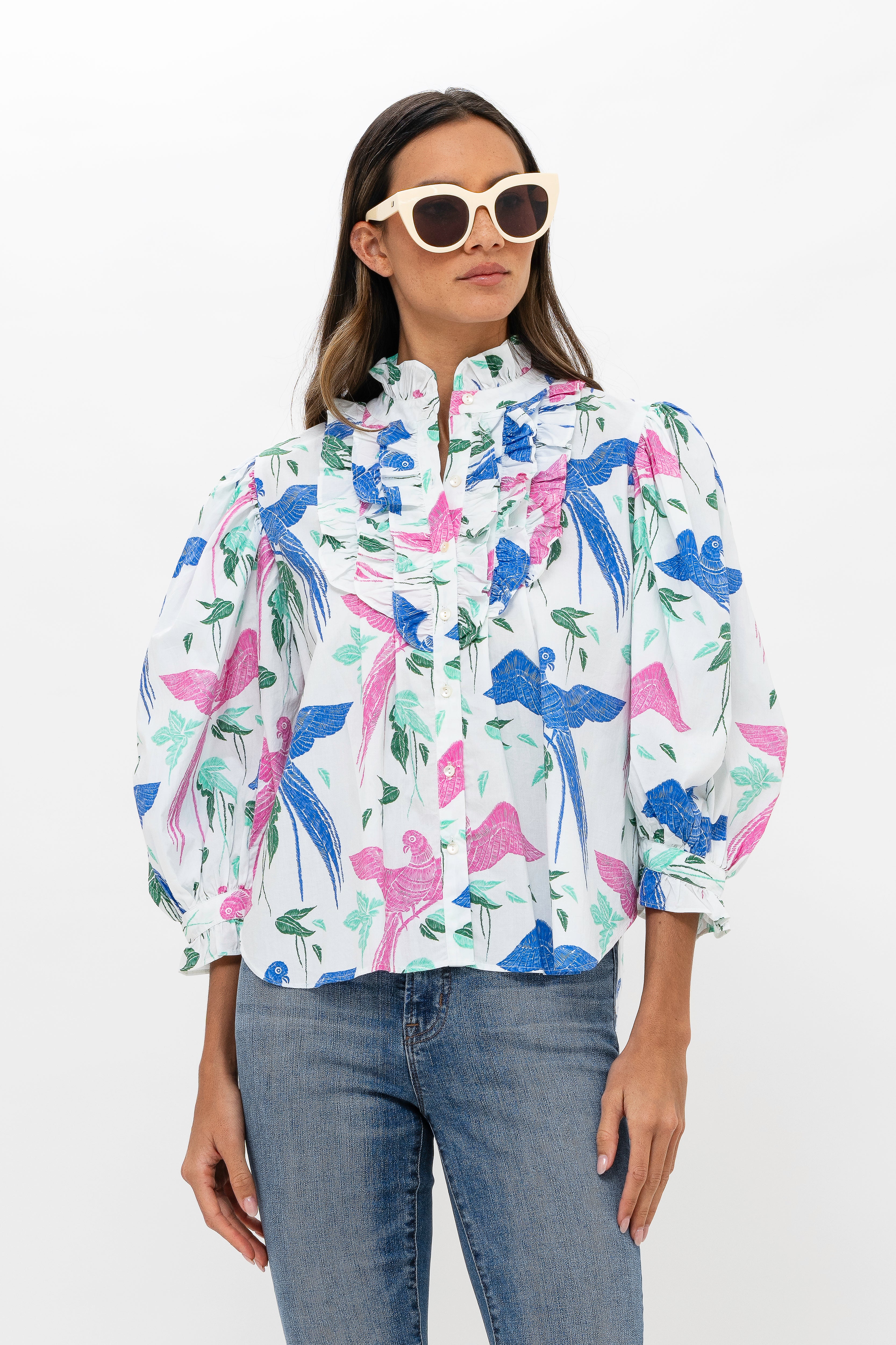 Ruffle Front Button Blouse- Macaw Blue