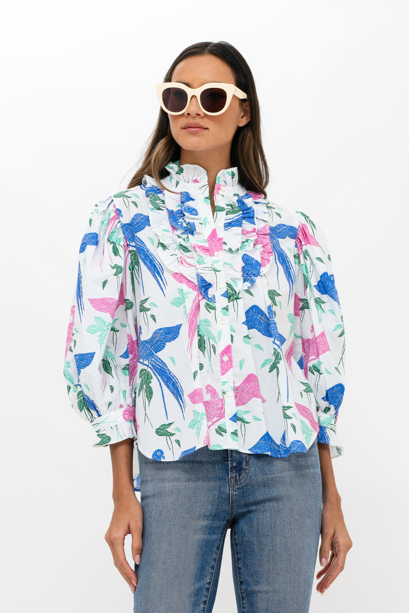 Ruffle Front Button Blouse- Macaw Blue