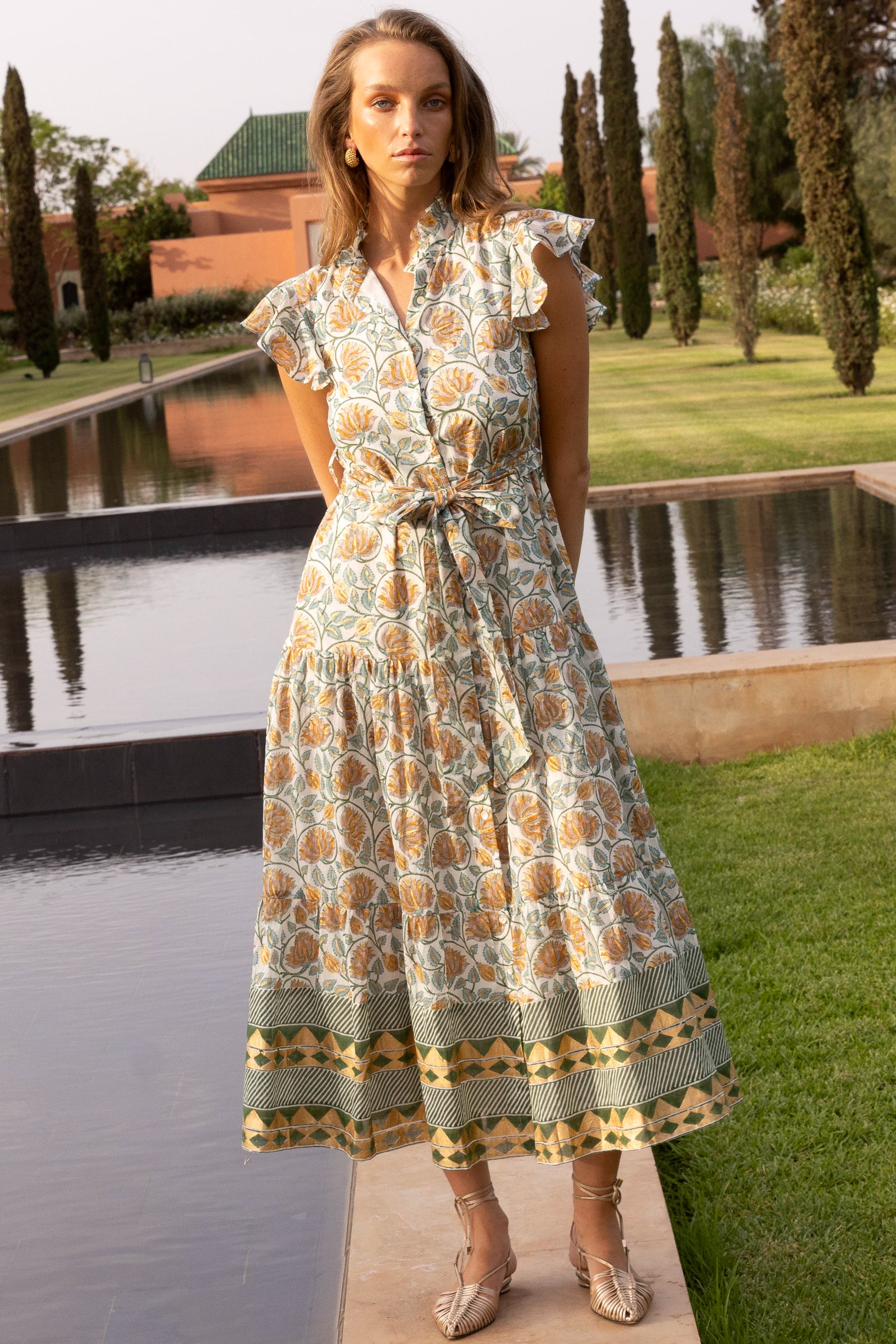 Ruffle Collar Button Maxi- Montenegro Green