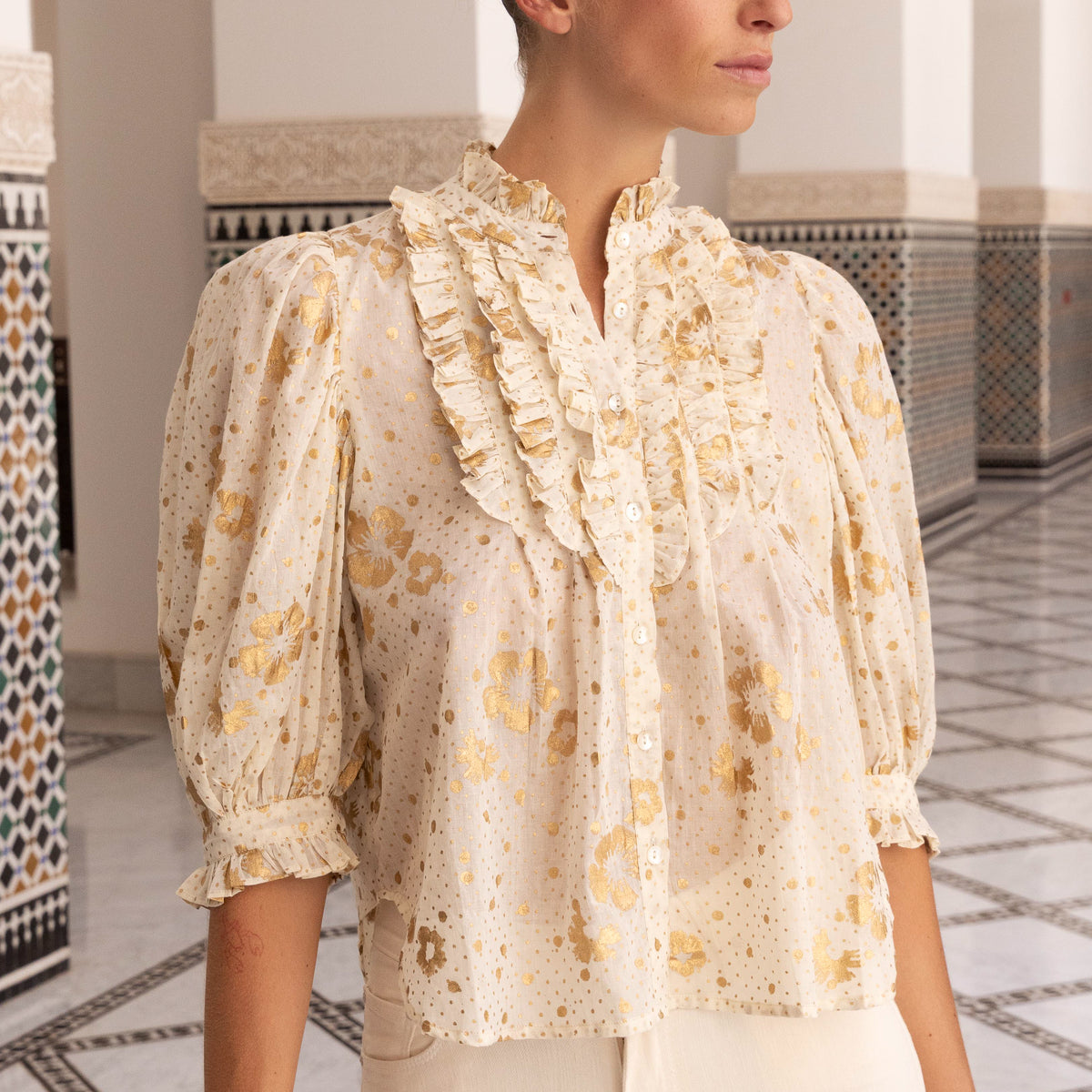 Ruffle Front Button Blouse- Carlin Cream Gold